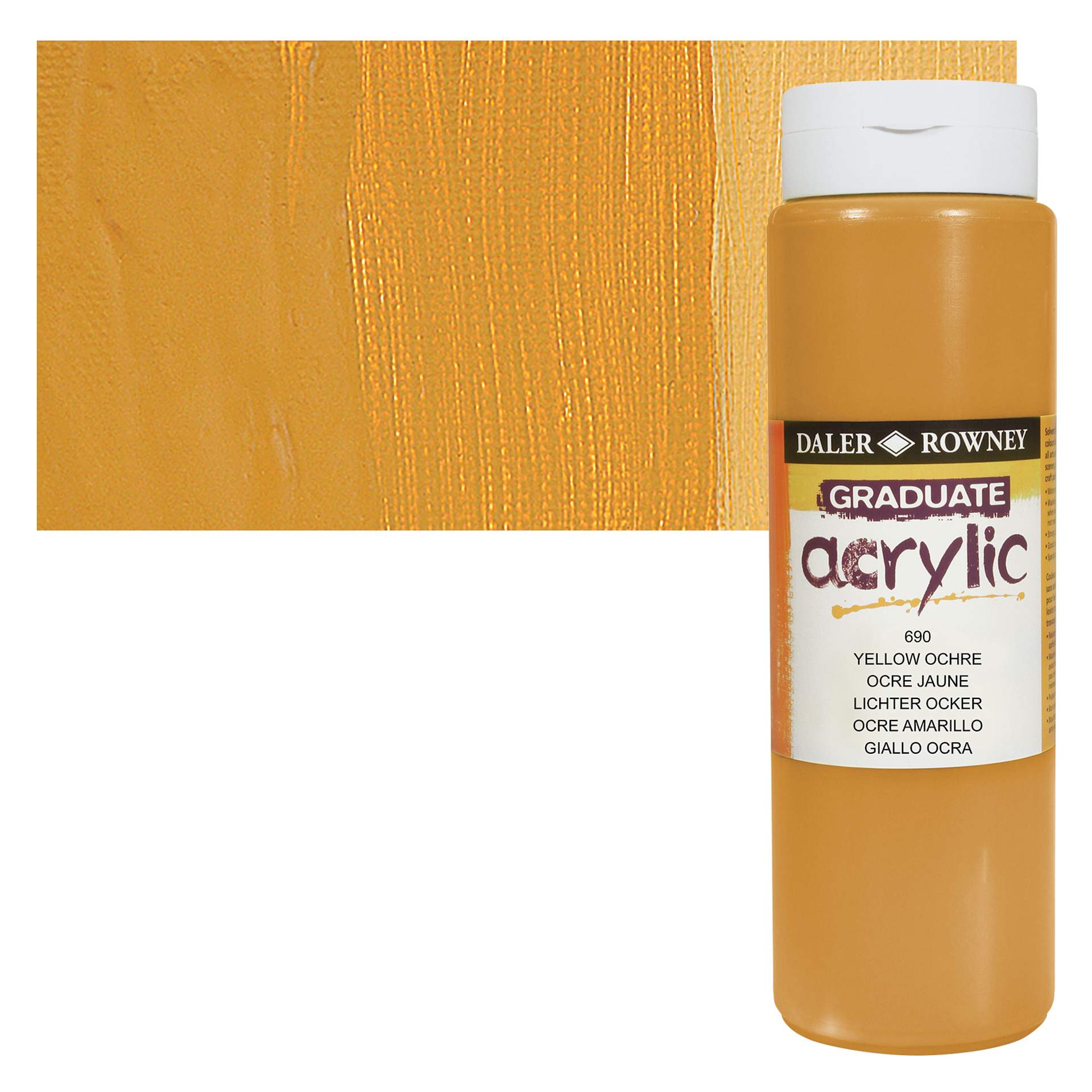 Daler-Rowney Graduate Acrylic Paint - Yellow Ochre, 500 ml bottle and swatch