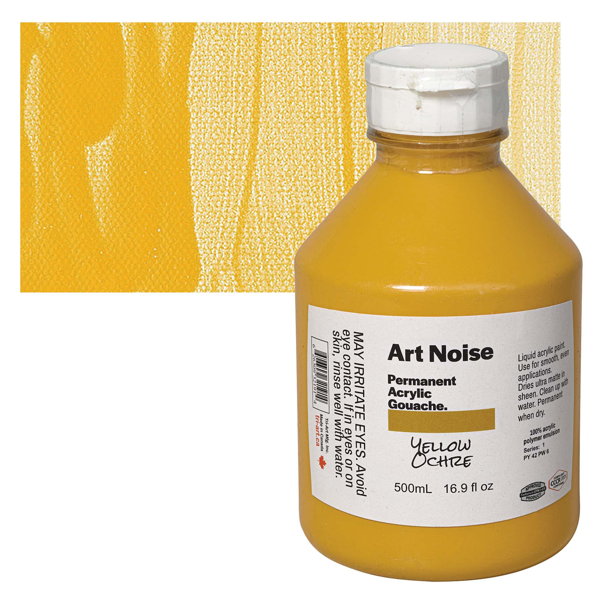 Tri-Art Art Noise Permanent Acrylic Gouache - Yellow Ochre, 500 ml, Bottle and swatch