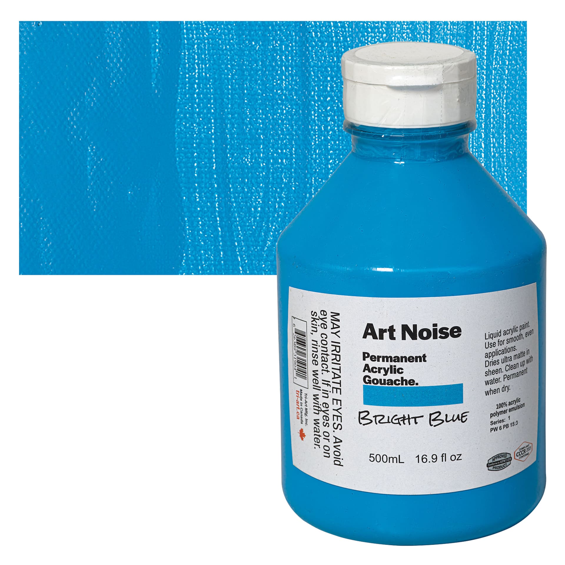 Tri-Art Art Noise Permanent Acrylic Gouache - Bright Blue, 500 ml, Bottle and swatch