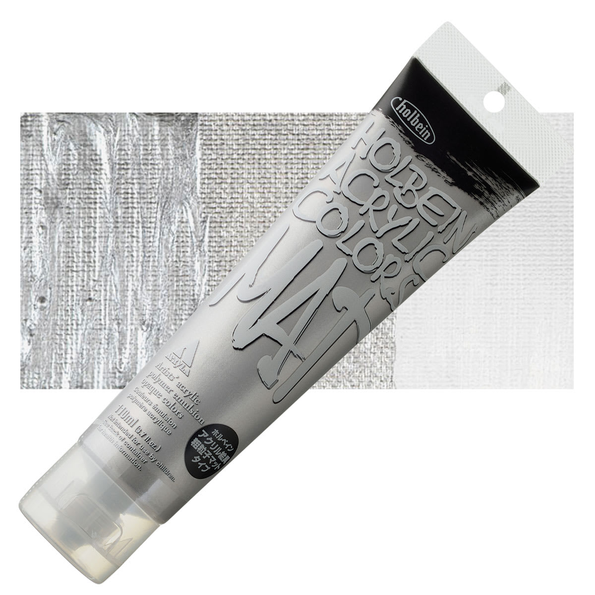 Holbein Mat Acrylic - Silver, 110 ml tube and swatch