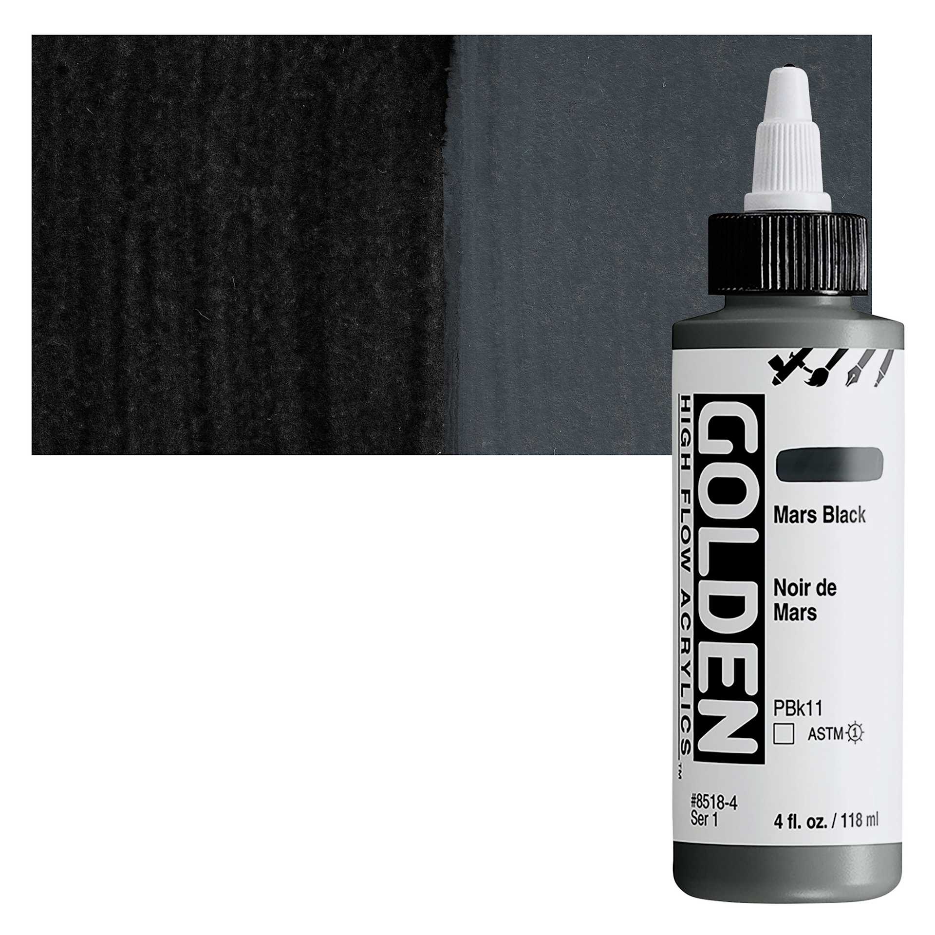 Golden High Flow Acrylic Paint - Mars Black, 4 oz bottle and swatch