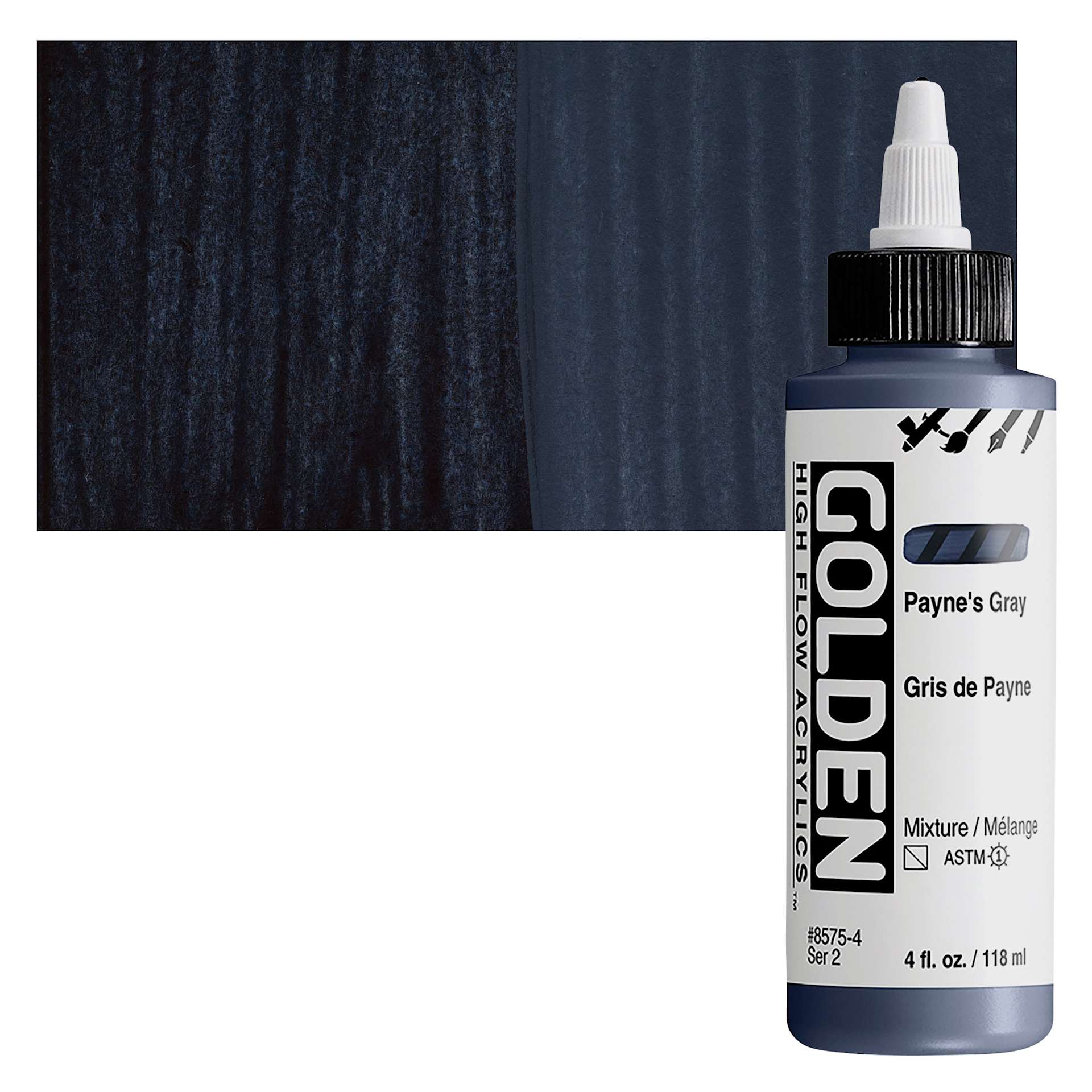 Golden High Flow Acrylic Paint - Payne's Gray, 4 oz bottle and swatch