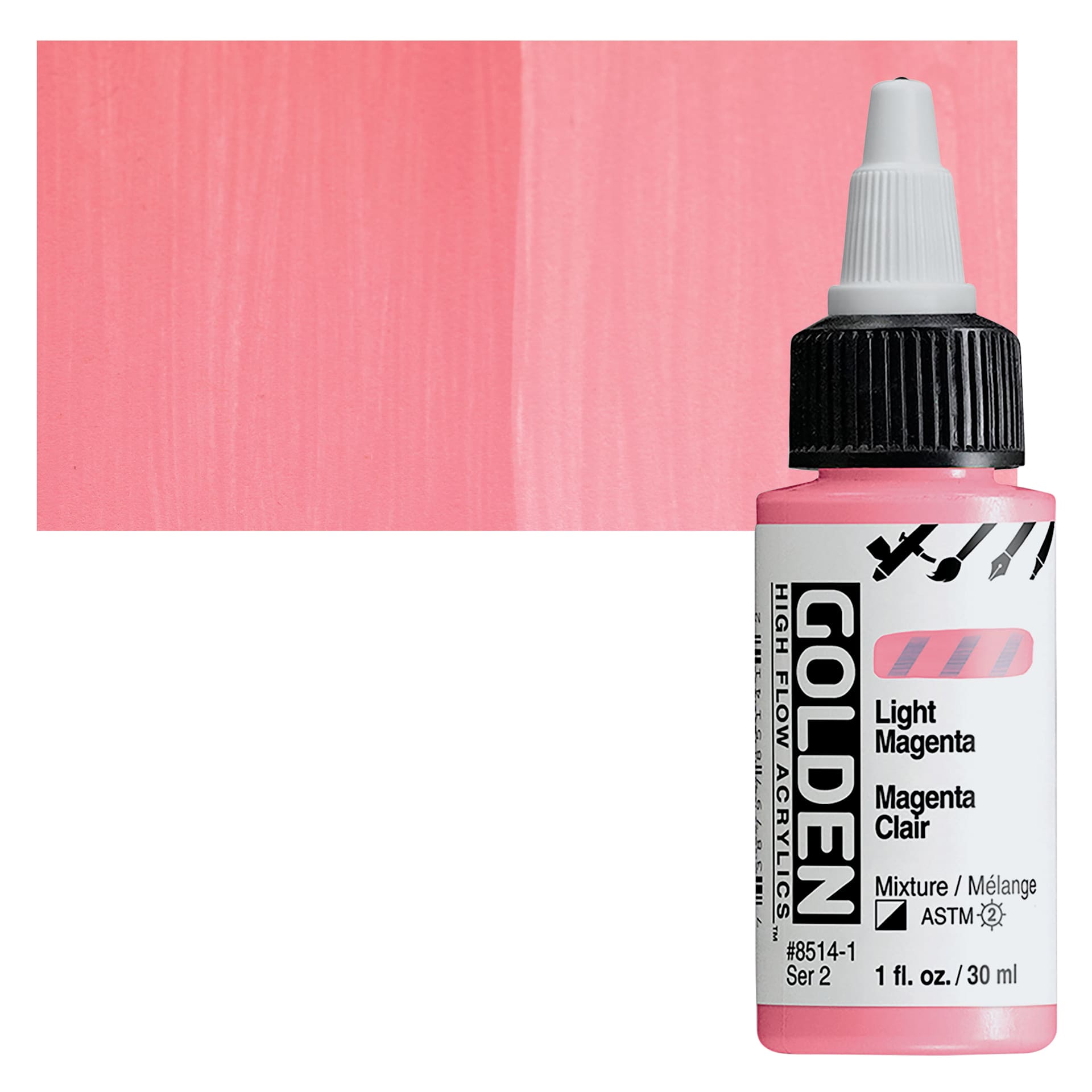 Golden High Flow Acrylic Paint - Light Magenta, 1 oz bottle and swatch