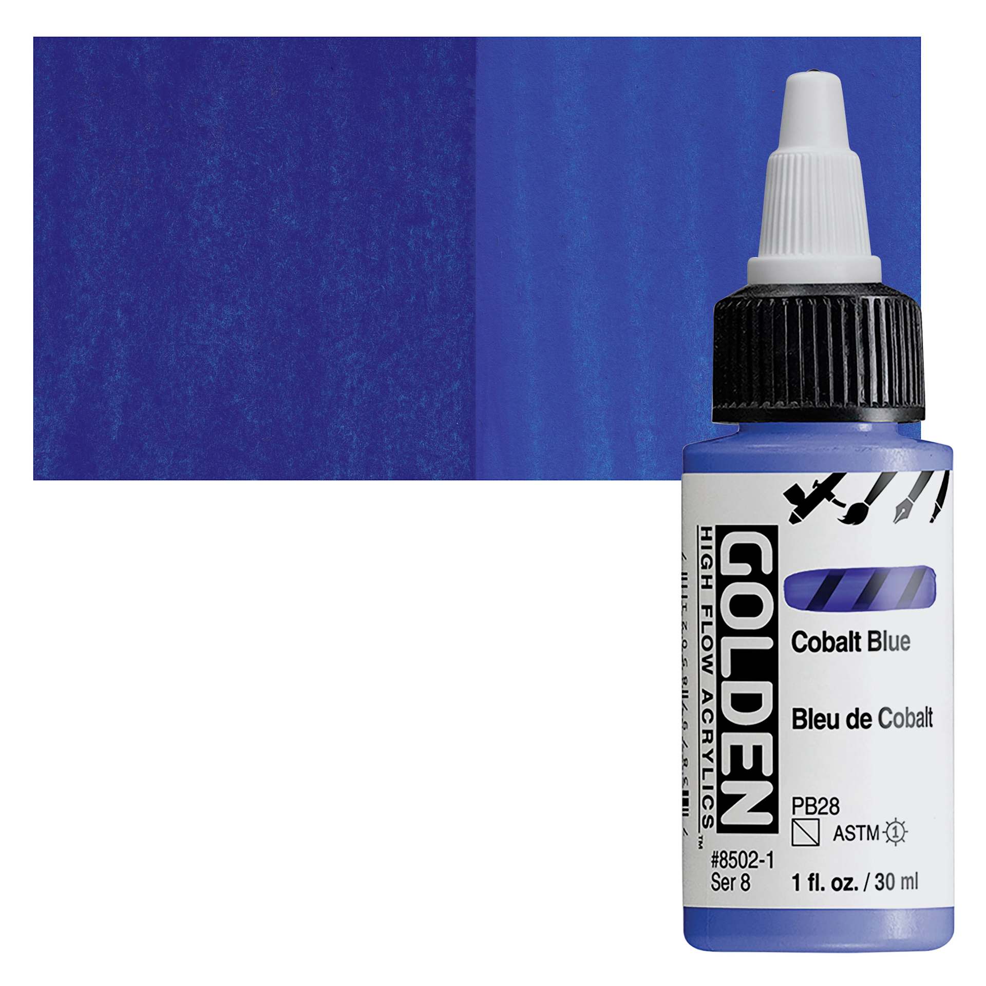 Golden High Flow Acrylic Paint - Cobalt Blue, 1 oz bottle and swatch