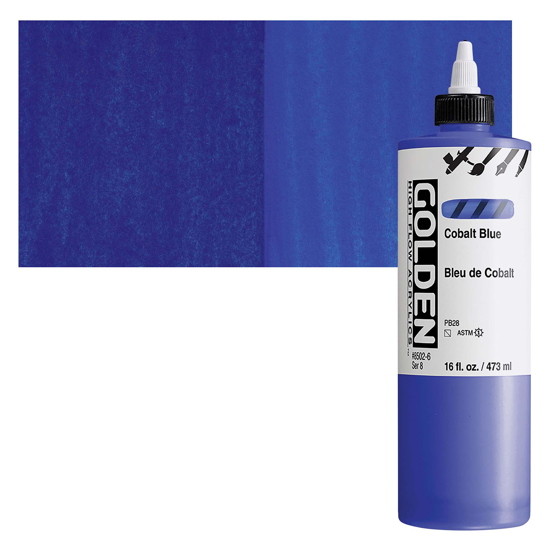 Golden High Flow Acrylic Paint - Cobalt Blue, 16 oz bottle and swatch