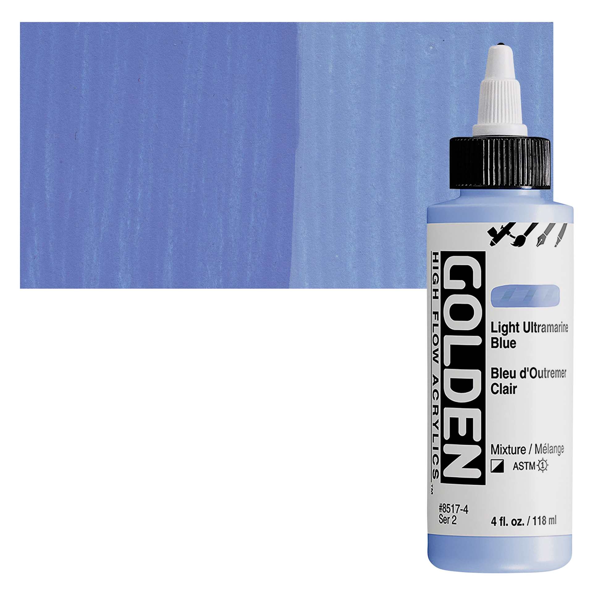 Golden High Flow Acrylic Paint - Light Ultramarine Blue, 4 oz bottle and swatch
