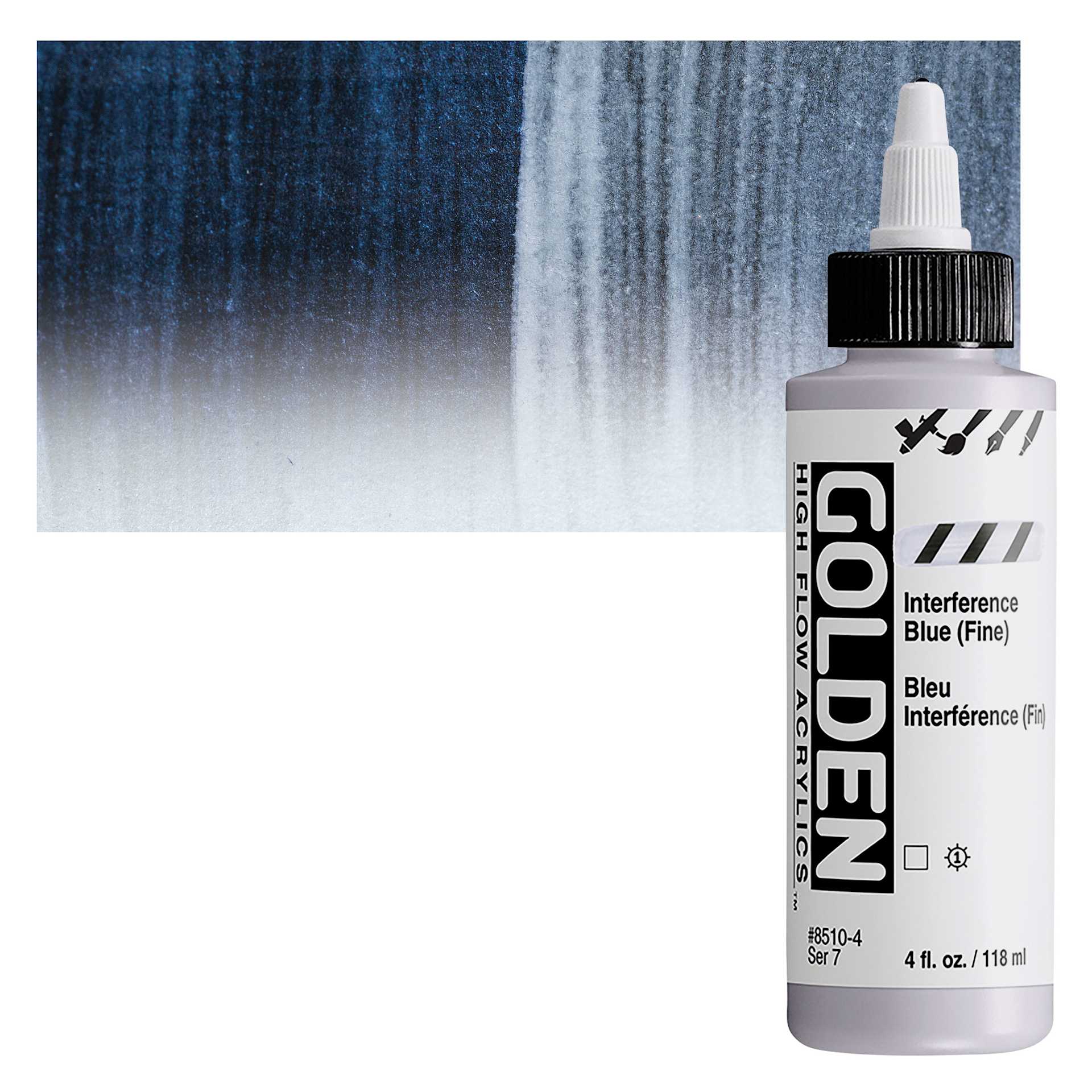 Golden High Flow Acrylic Paint - Interference Blue (Fine), 4 oz bottle and swatch