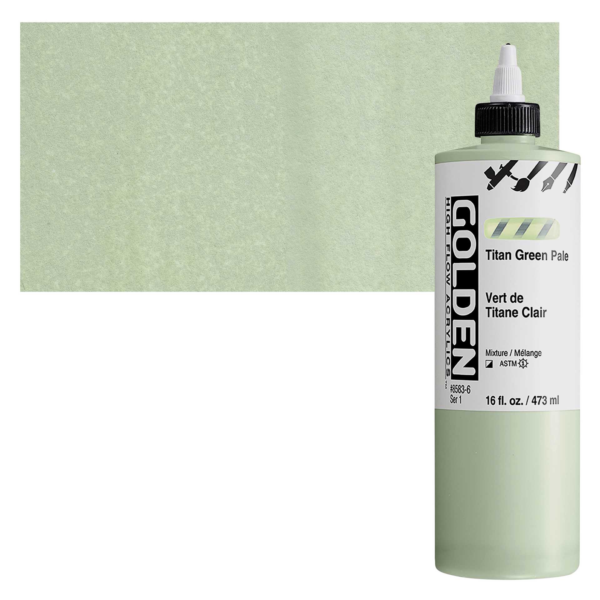 Golden High Flow Acrylic Paint - Titan Green Pale, 16 oz bottle and swatch