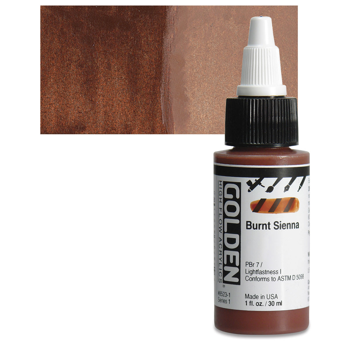Golden High Flow Acrylic Paint - Burnt Sienna, 1 oz bottle and swatch