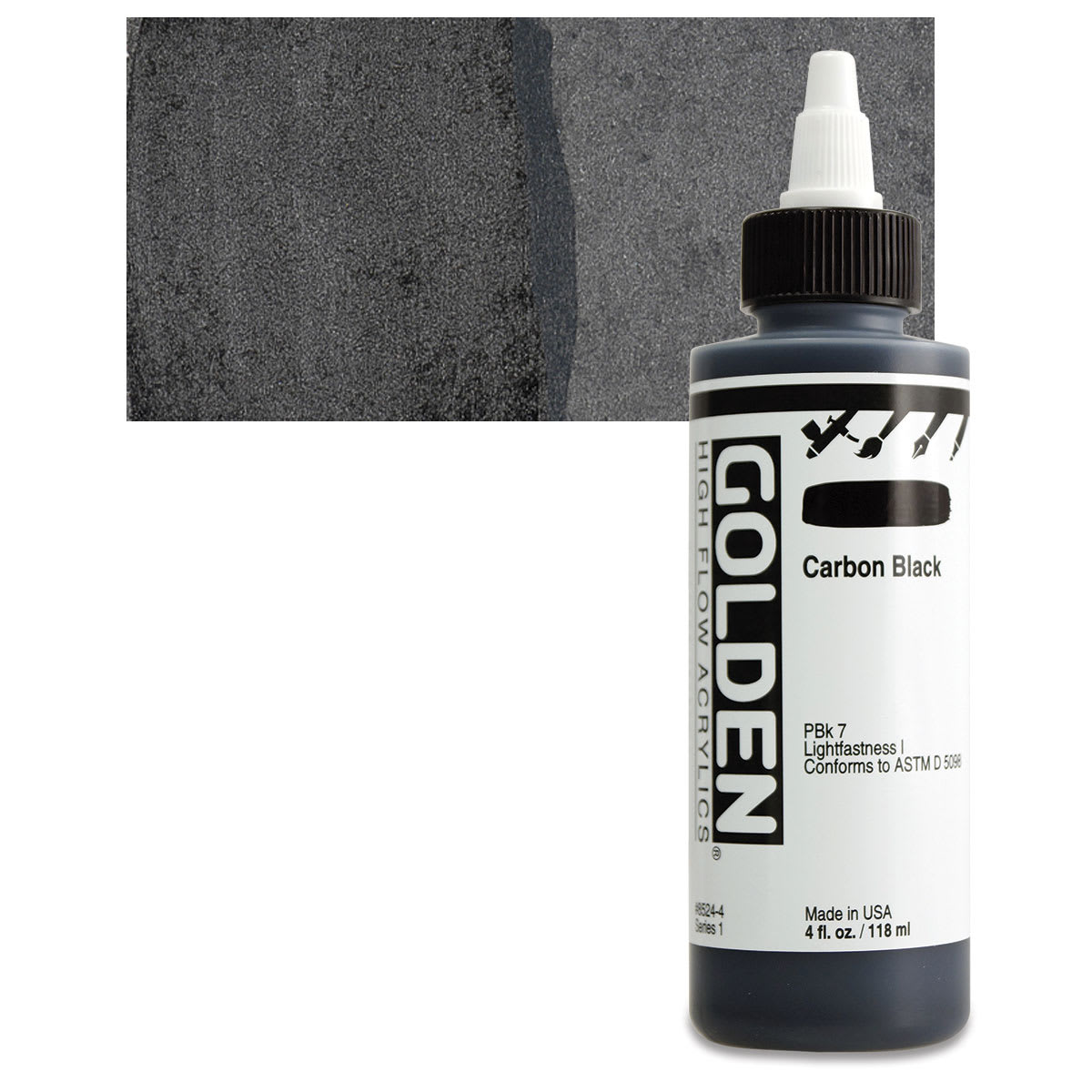 Golden High Flow Acrylic Paint - Carbon Black, 4 oz bottle and swatch