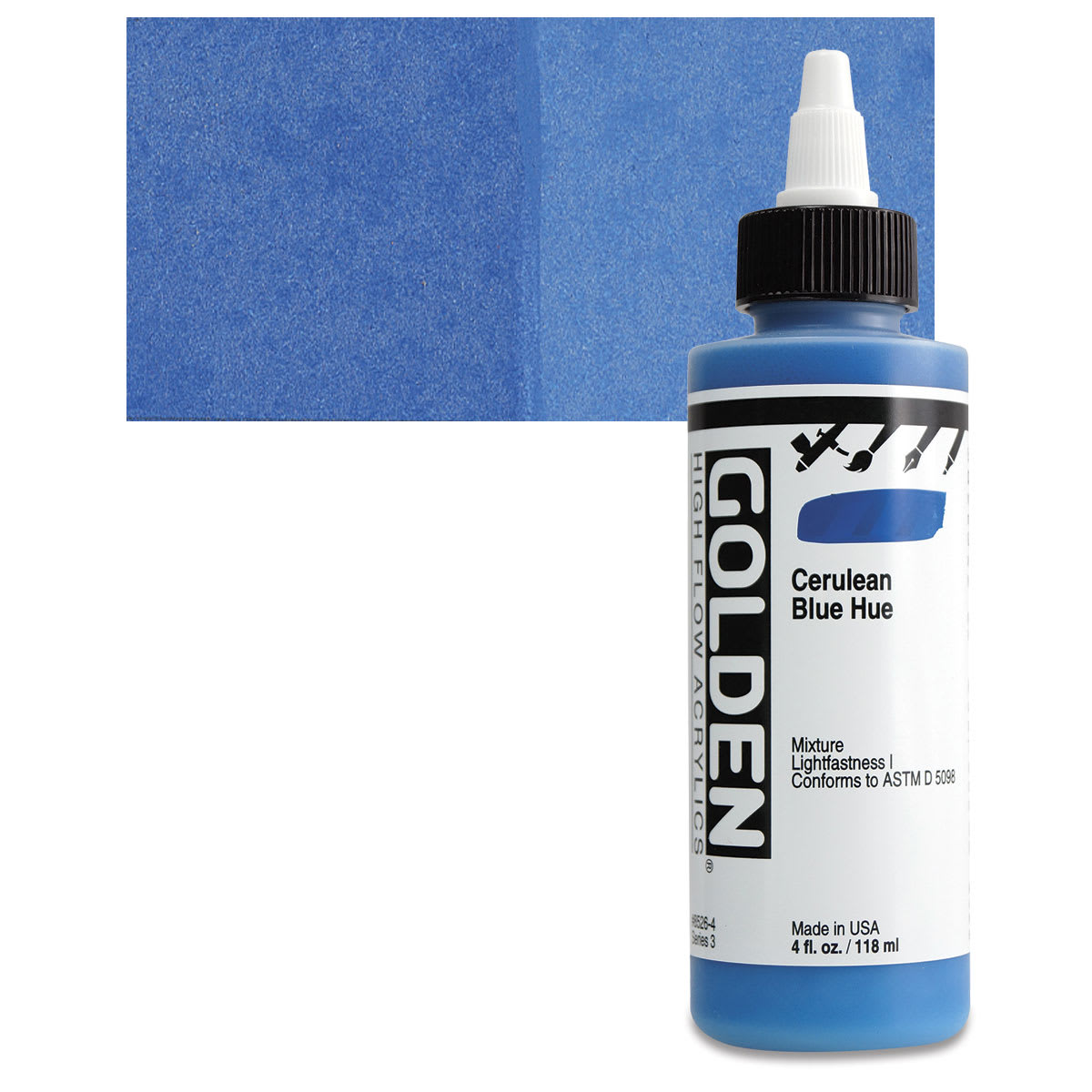 Golden High Flow Acrylic Paint - Cerulean Blue Hue, 4 oz bottle and swatch
