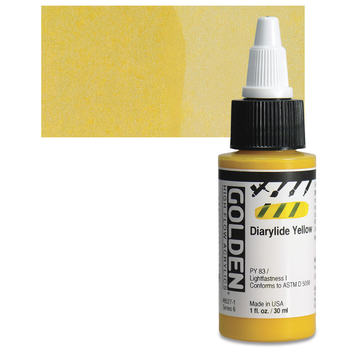 Golden High Flow Acrylic Paint - Diarylide Yellow, 1 oz bottle and swatch