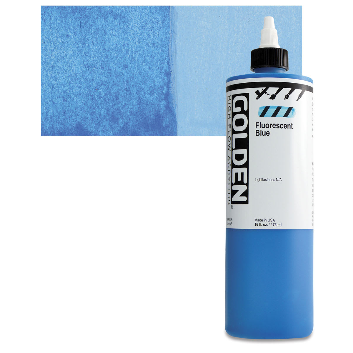Golden High Flow Acrylic Paint - Fluorescent Blue, 16 oz bottle and swatch