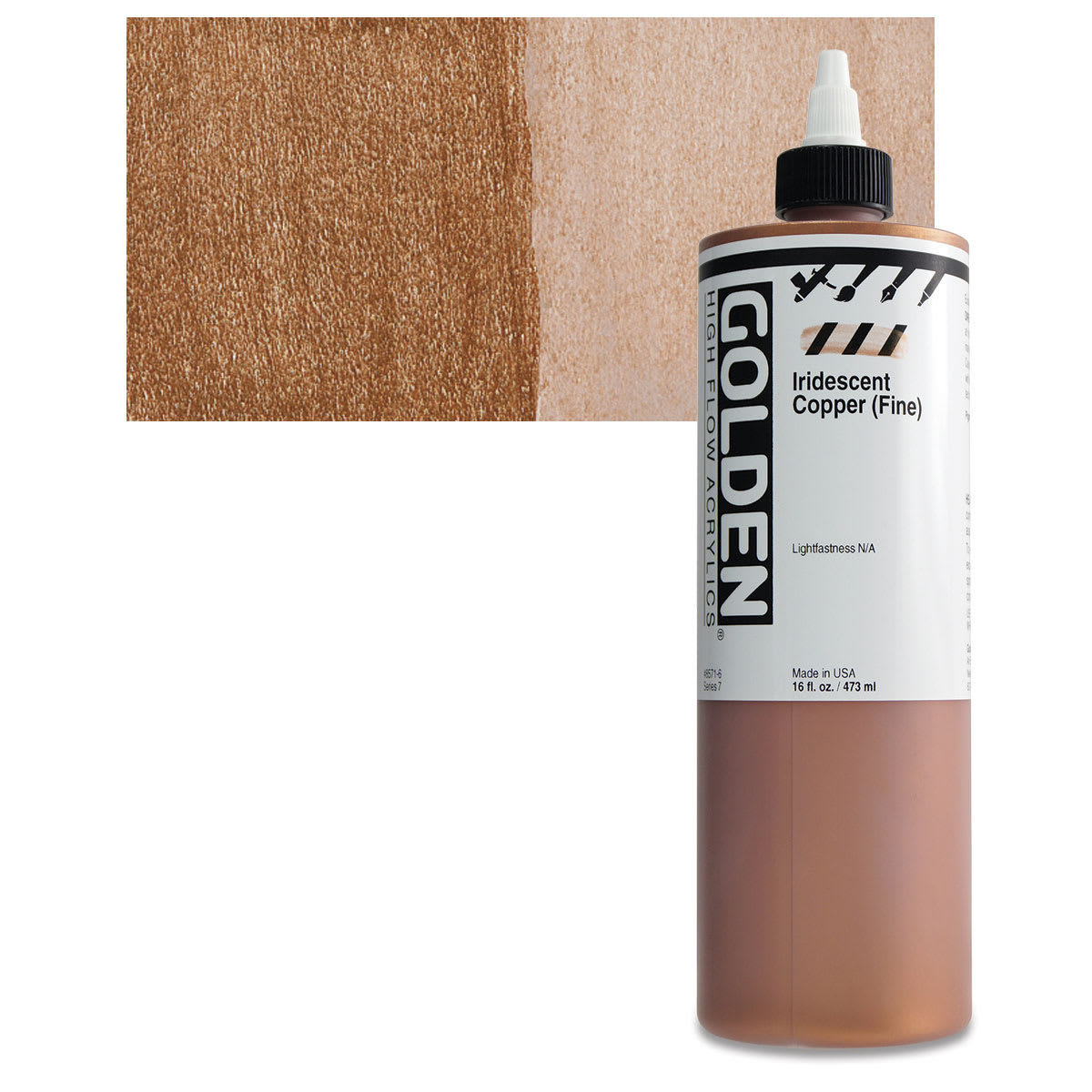 Golden High Flow Acrylic Paint - Iridescent Copper (Fine), 16 oz bottle and swatch
