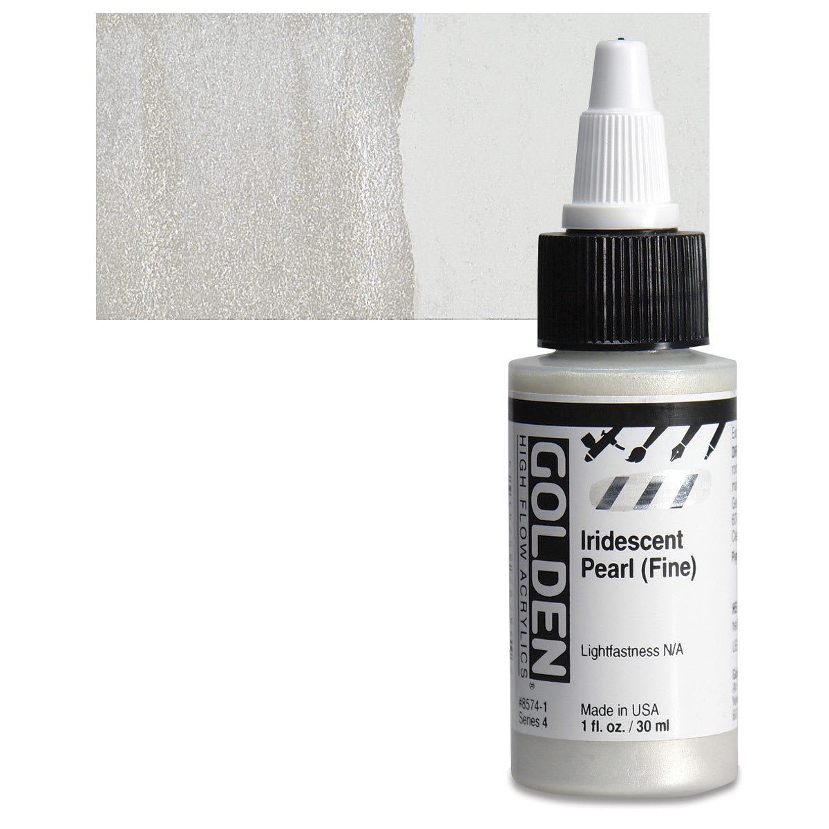 Golden High Flow Acrylic Paint - Iridescent Pearl (Fine), 1 oz bottle and swatch