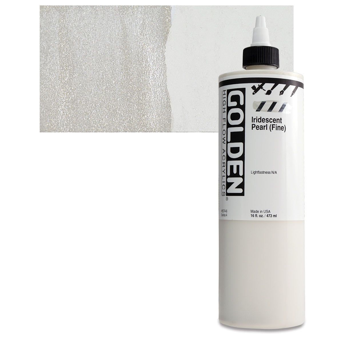Golden High Flow Acrylic Paint - Iridescent Pearl (Fine), 16 oz bottle and swatch
