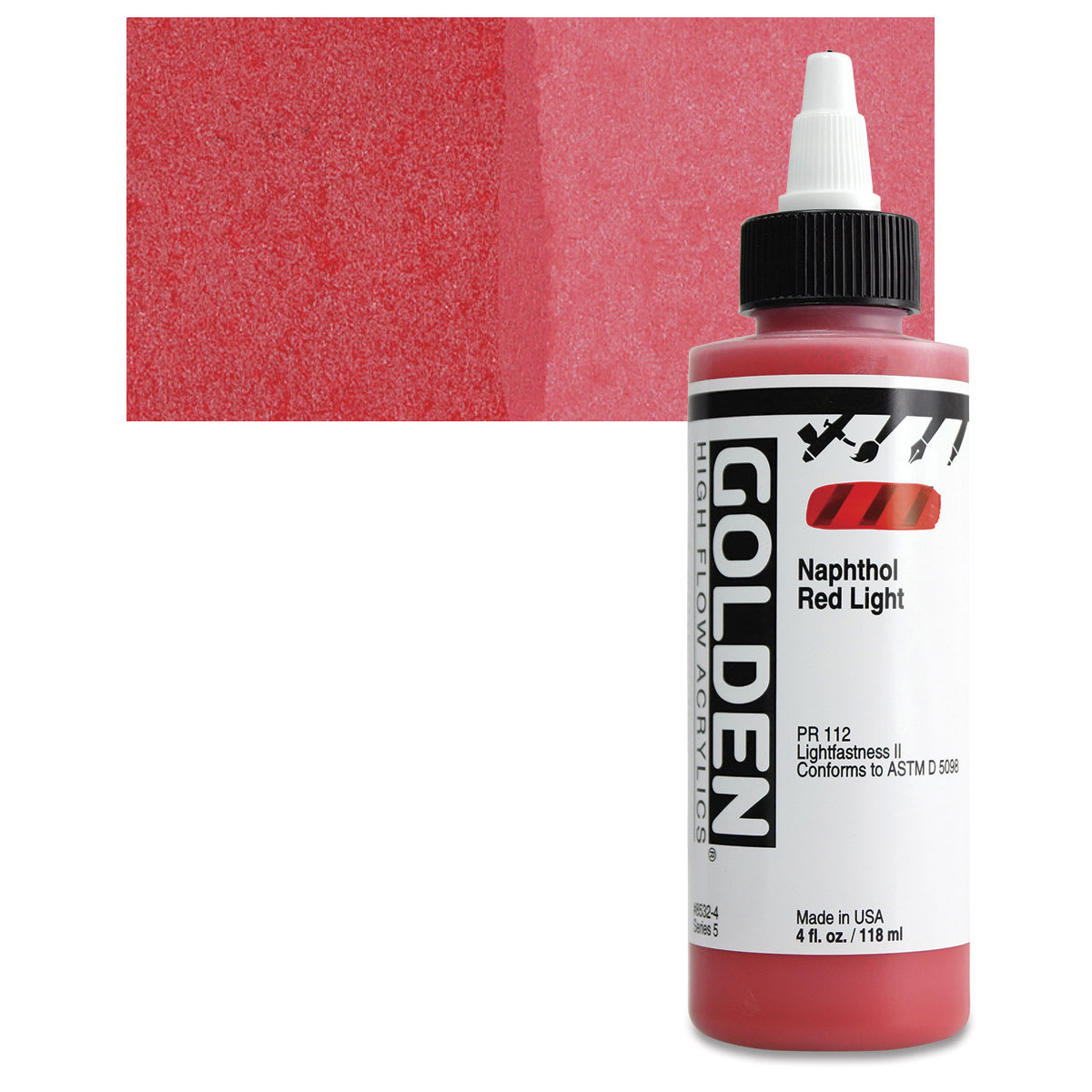 Golden High Flow Acrylic Paint - Naphthol Red Light, 4 oz bottle and swatch