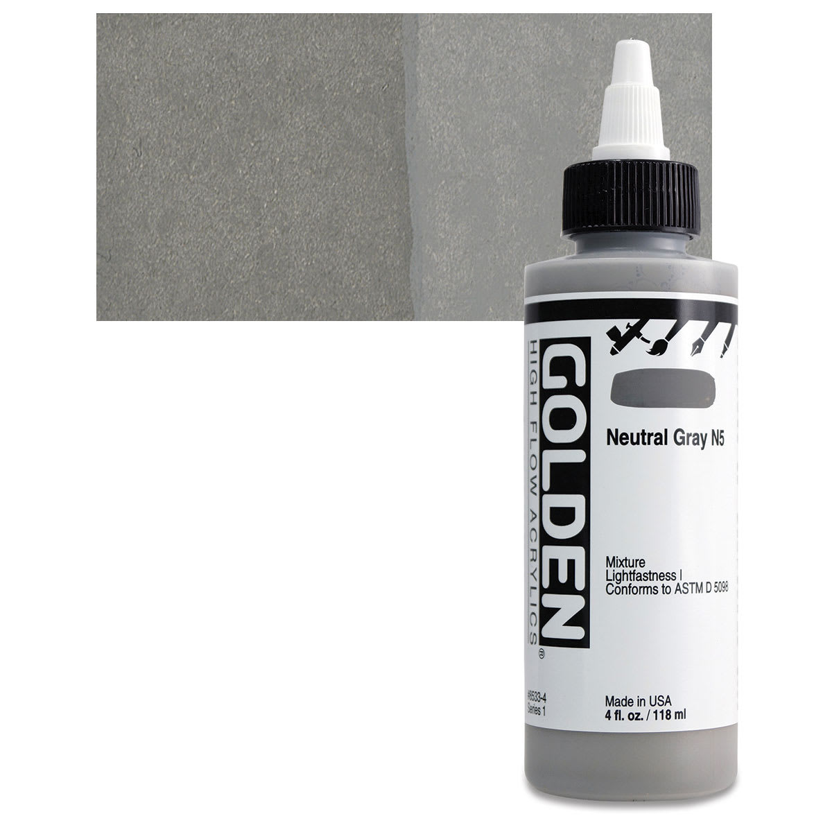 Golden High Flow Acrylic Paint - Neutral Gray N5, 4 oz bottle and swatch