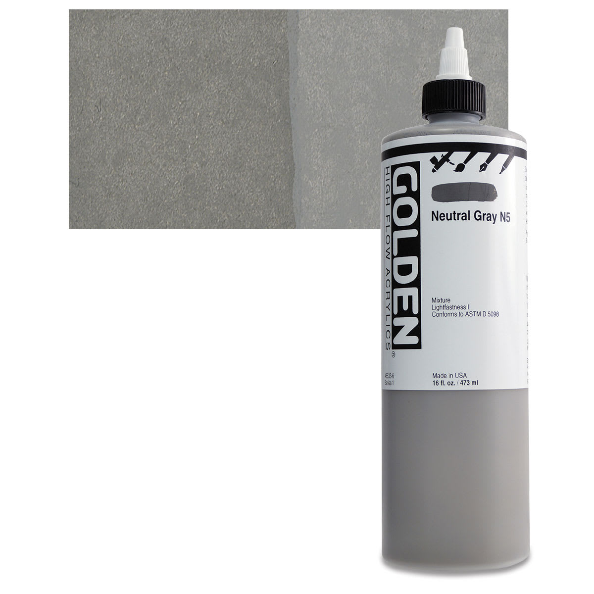 Golden High Flow Acrylic Paint - Neutral Gray N5, 16 oz bottle and swatch