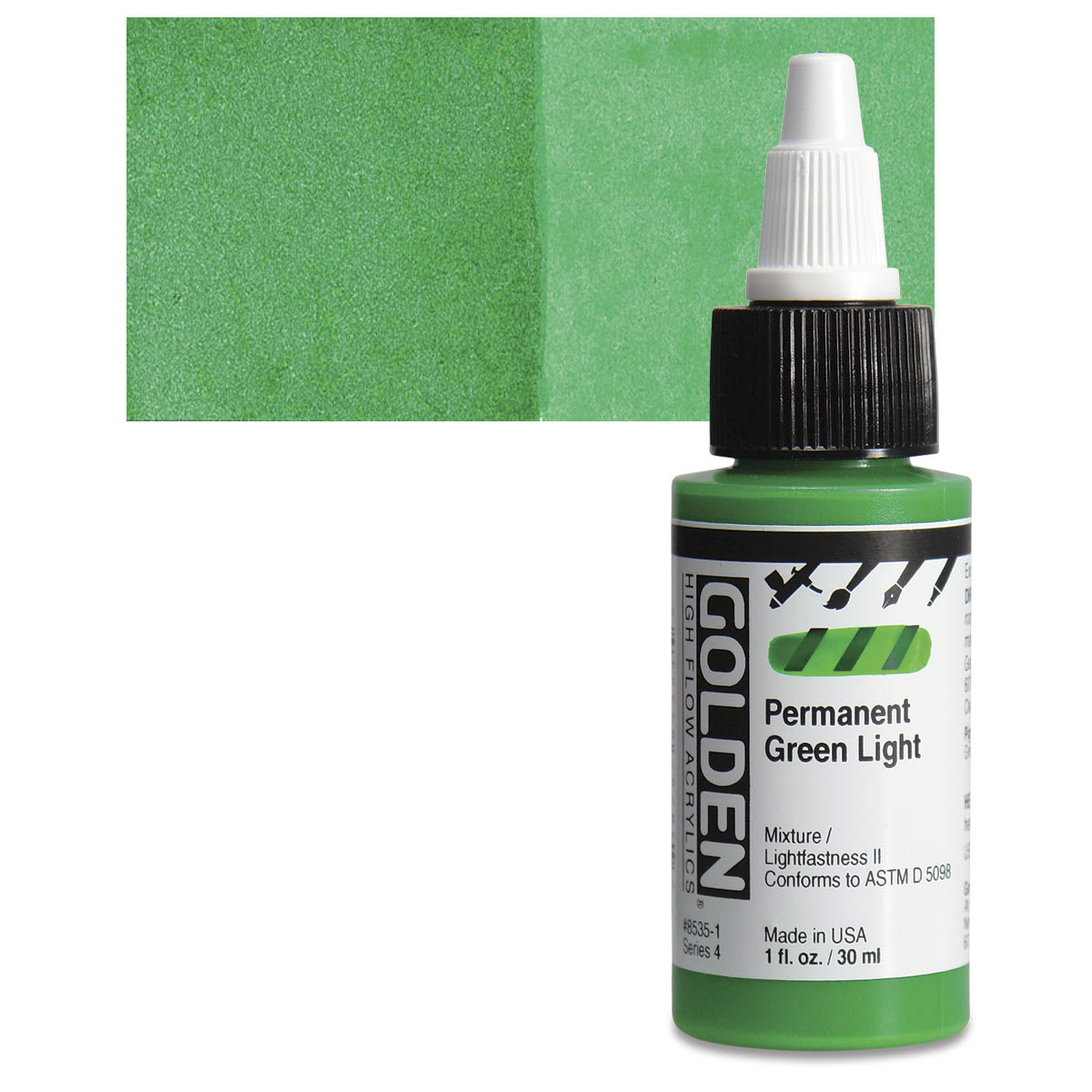 Golden High Flow Acrylic Paint - Permanent Green Light, 1 oz bottle and swatch