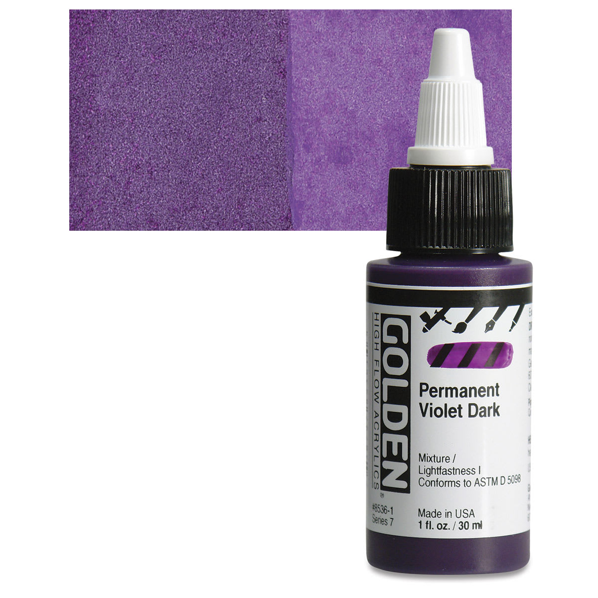 Golden High Flow Acrylic Paint - Permanent Violet Dark, 1 oz bottle and swatch