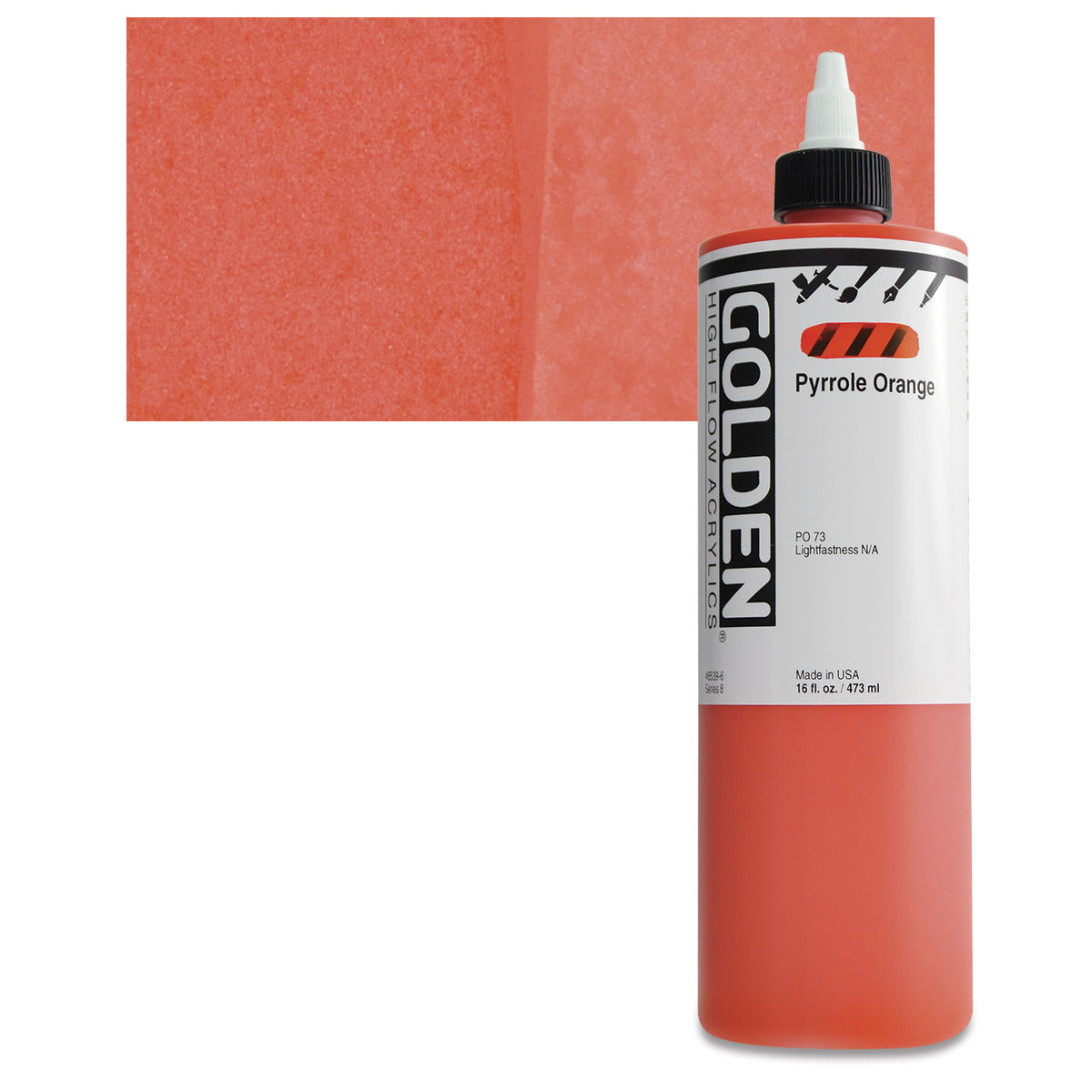 Golden High Flow Acrylic Paint - Pyrrole Orange, 16 oz bottle and swatch