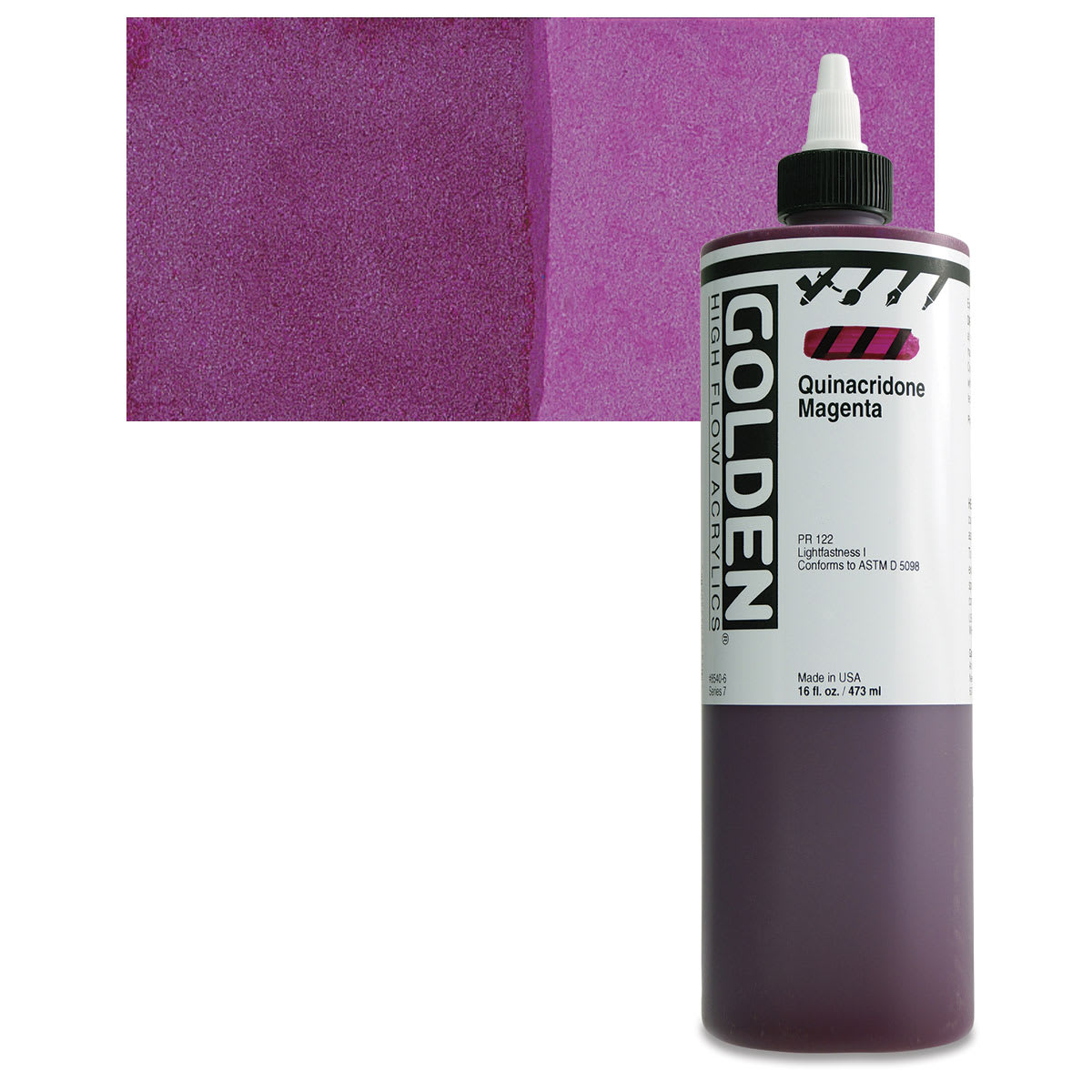 Golden High Flow Acrylic Paint - Quinacridone Magenta, 16 oz bottle and swatch