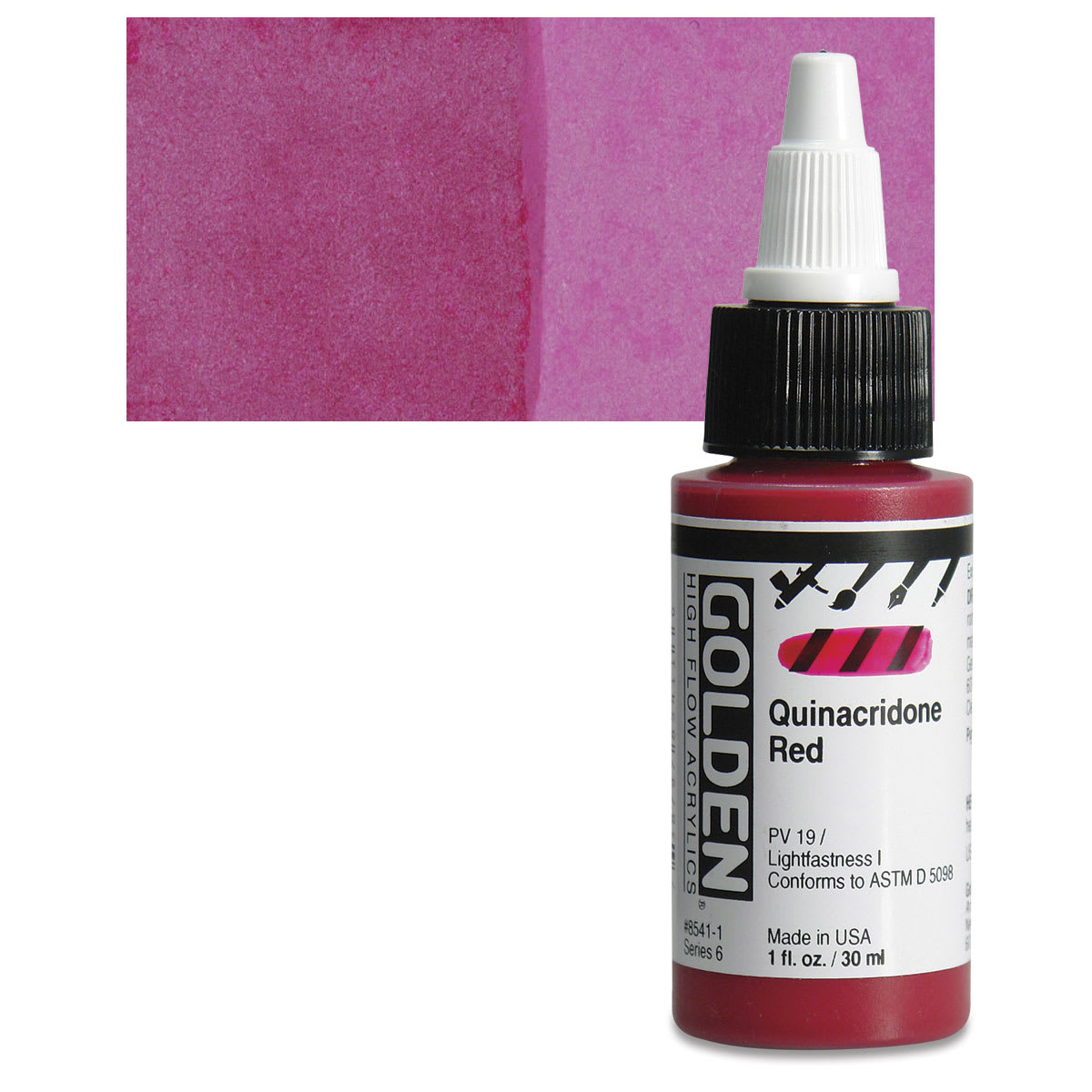 Golden High Flow Acrylic Paint - Quinacridone Red, 1 oz bottle and swatch