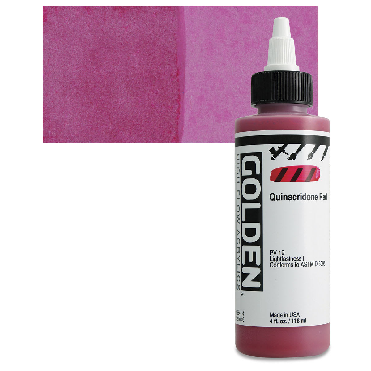 Golden High Flow Acrylic Paint - Quinacridone Red, 4 oz bottle and swatch