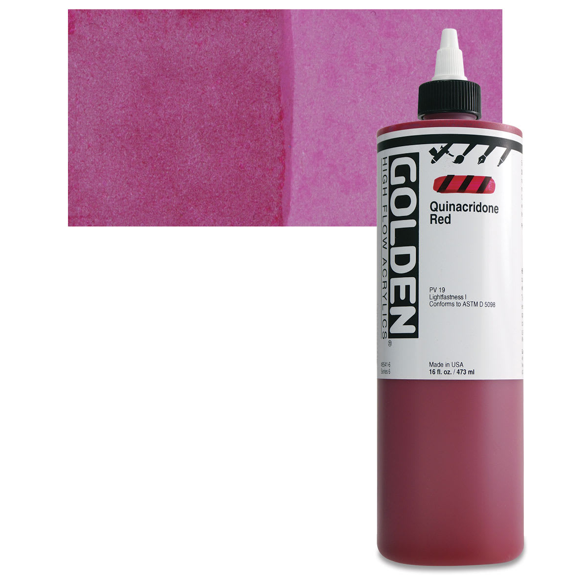 Golden High Flow Acrylic Paint - Quinacridone Red, 16 oz bottle and swatch