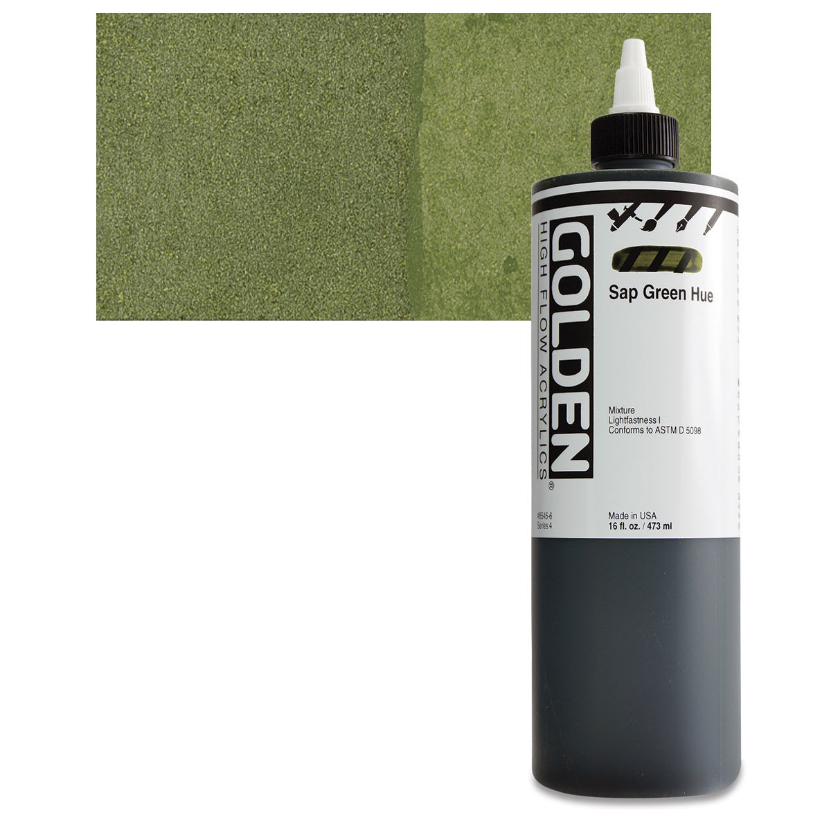 Golden High Flow Acrylic Paint - Sap Green Hue, 16 oz bottle and swatch