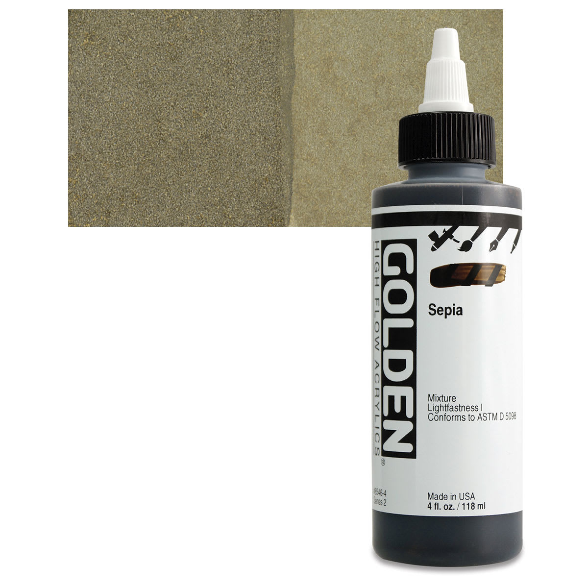 Golden High Flow Acrylic Paint - Sepia, 4 oz bottle and swatch