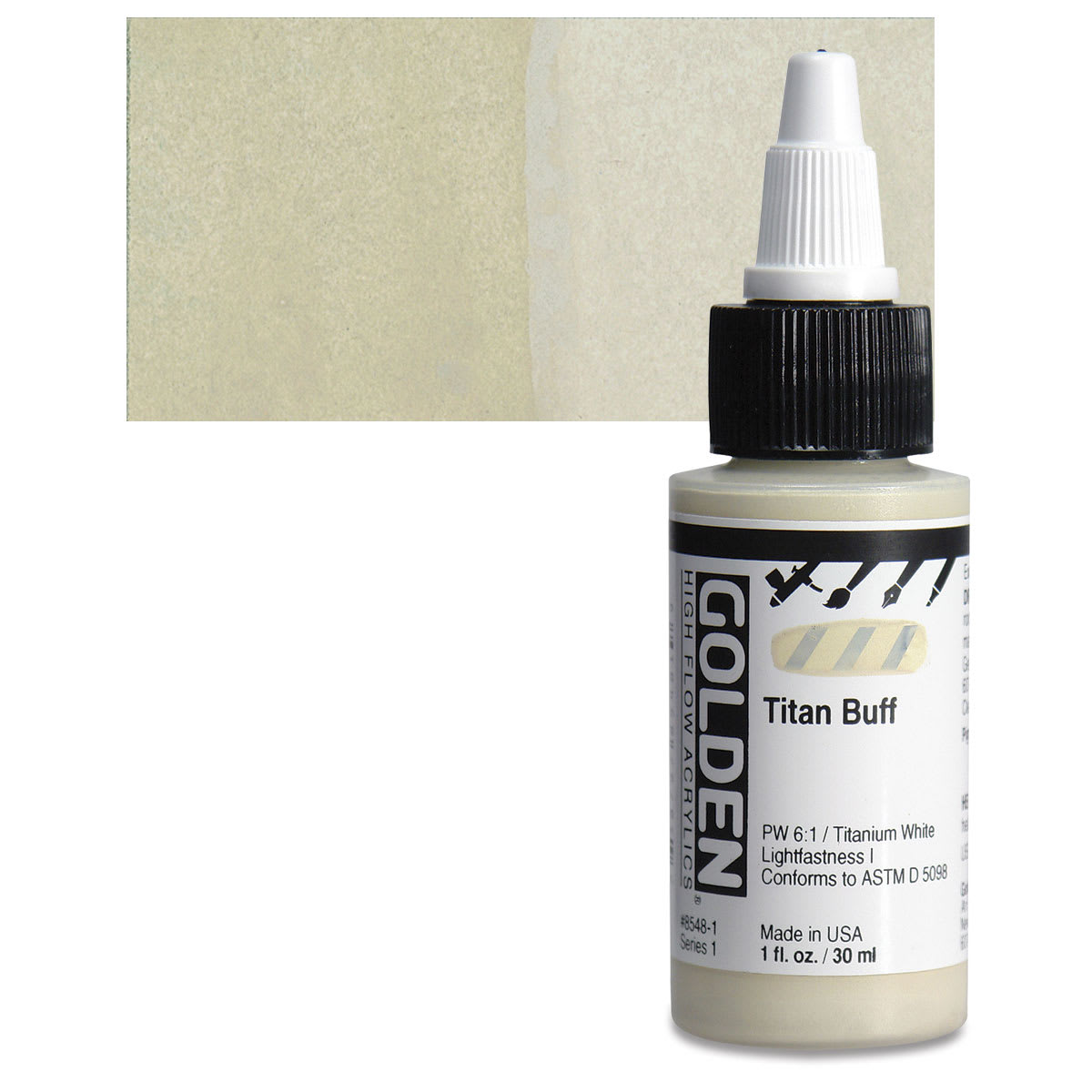 Golden High Flow Acrylic Paint - Titan Buff, 1 oz oz bottle and swatch
