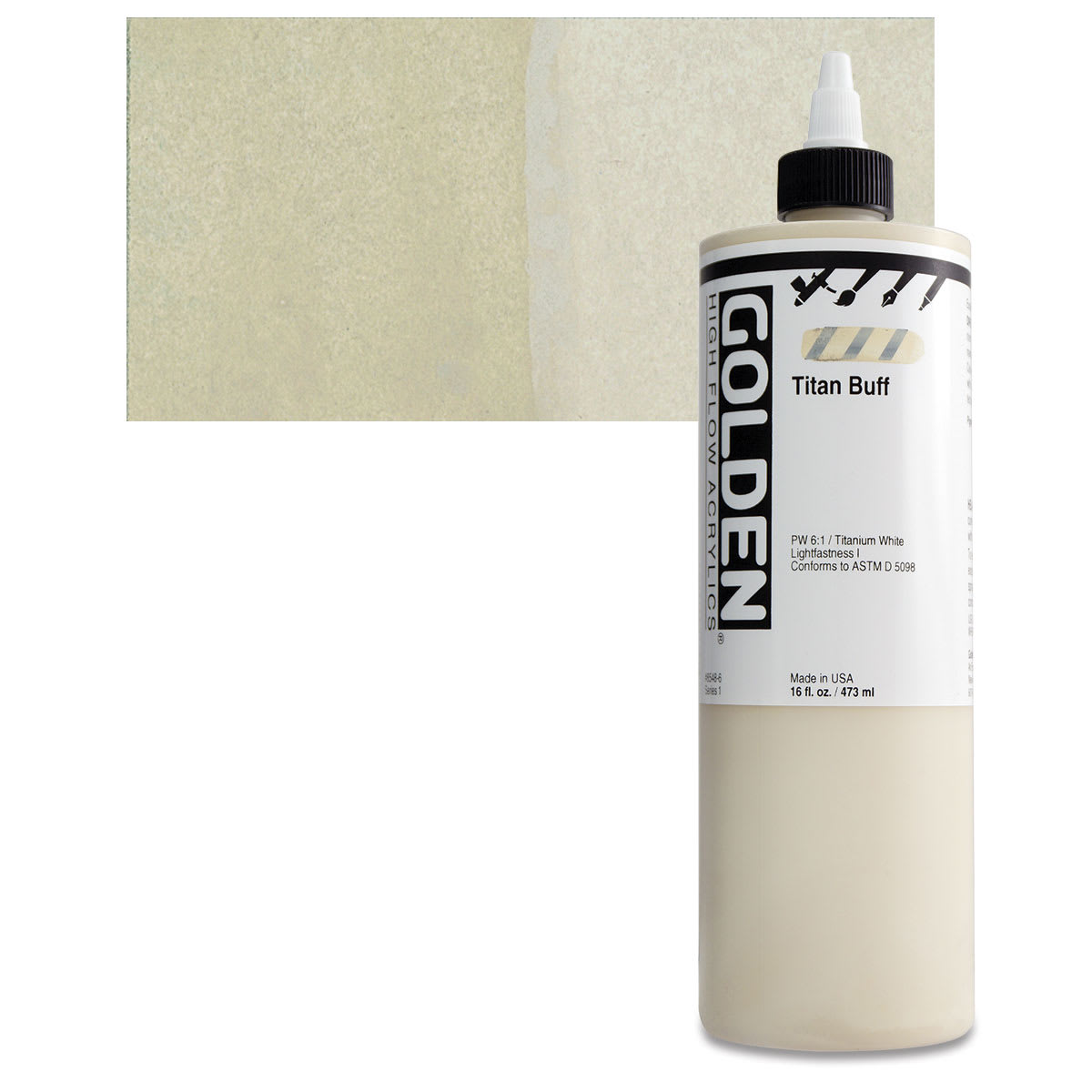 Golden High Flow Acrylic Paint - Titan Buff, 16 oz bottle and swatch