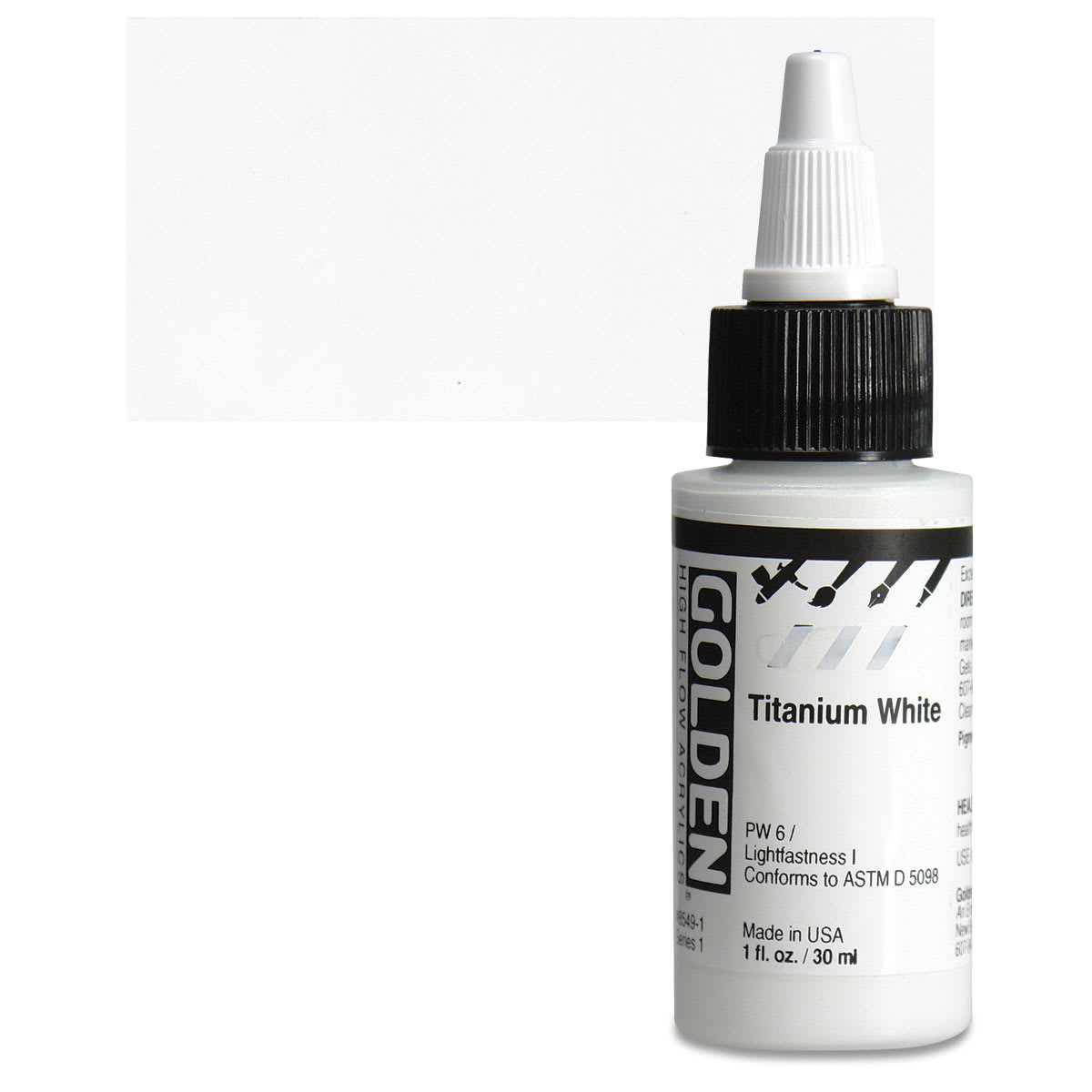 Golden High Flow Acrylic Paint - Titanium White, 1 oz bottle and swatch