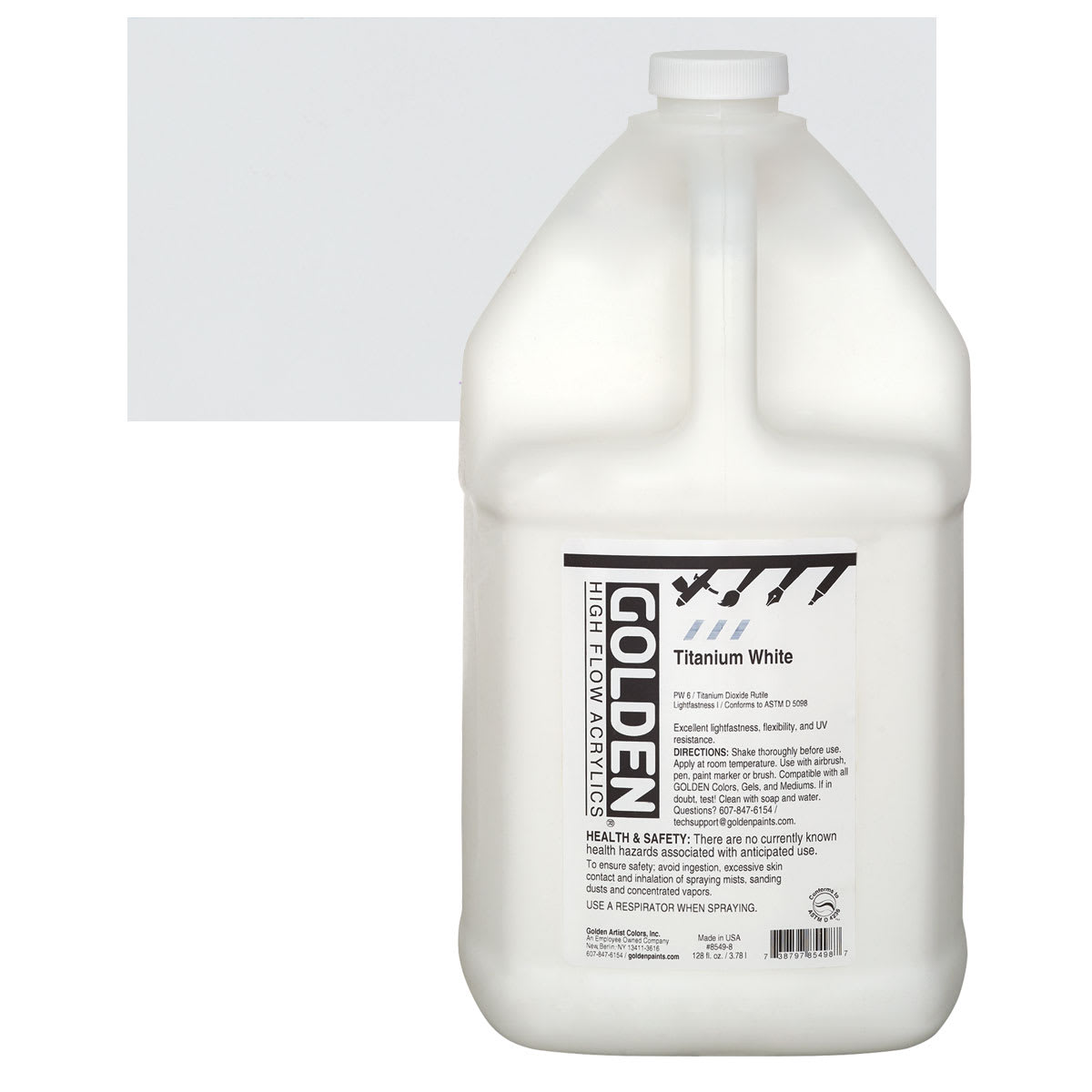 Golden High Flow Acrylic Paint - Titanium White, 128 oz bottle and swatch
