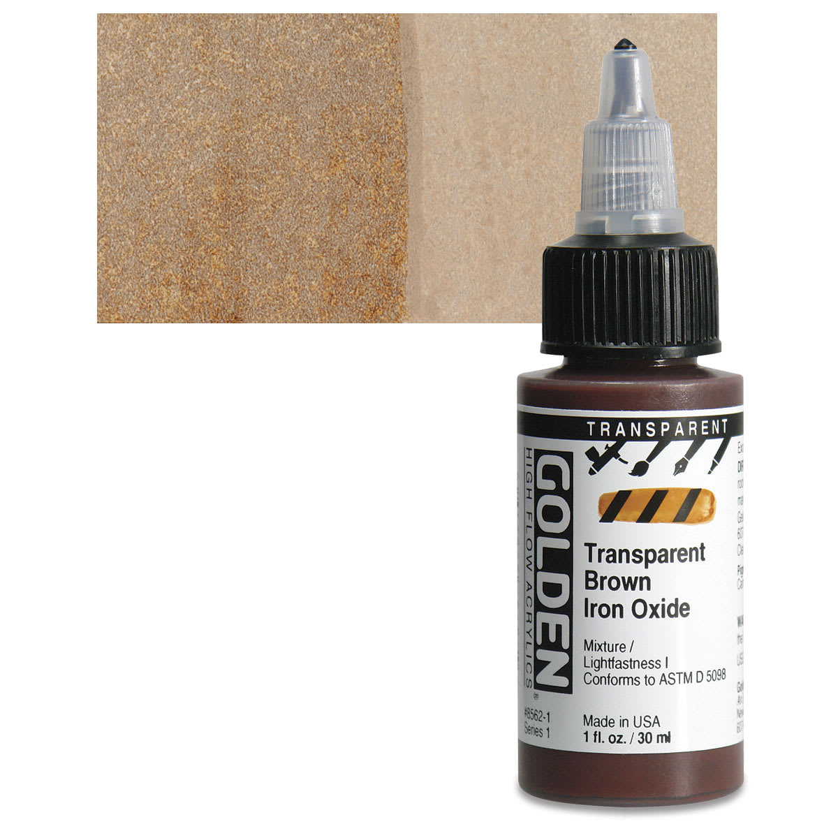 Golden High Flow Acrylic Paint - Transparent Brown Iron Oxide, 1 oz bottle and swatch