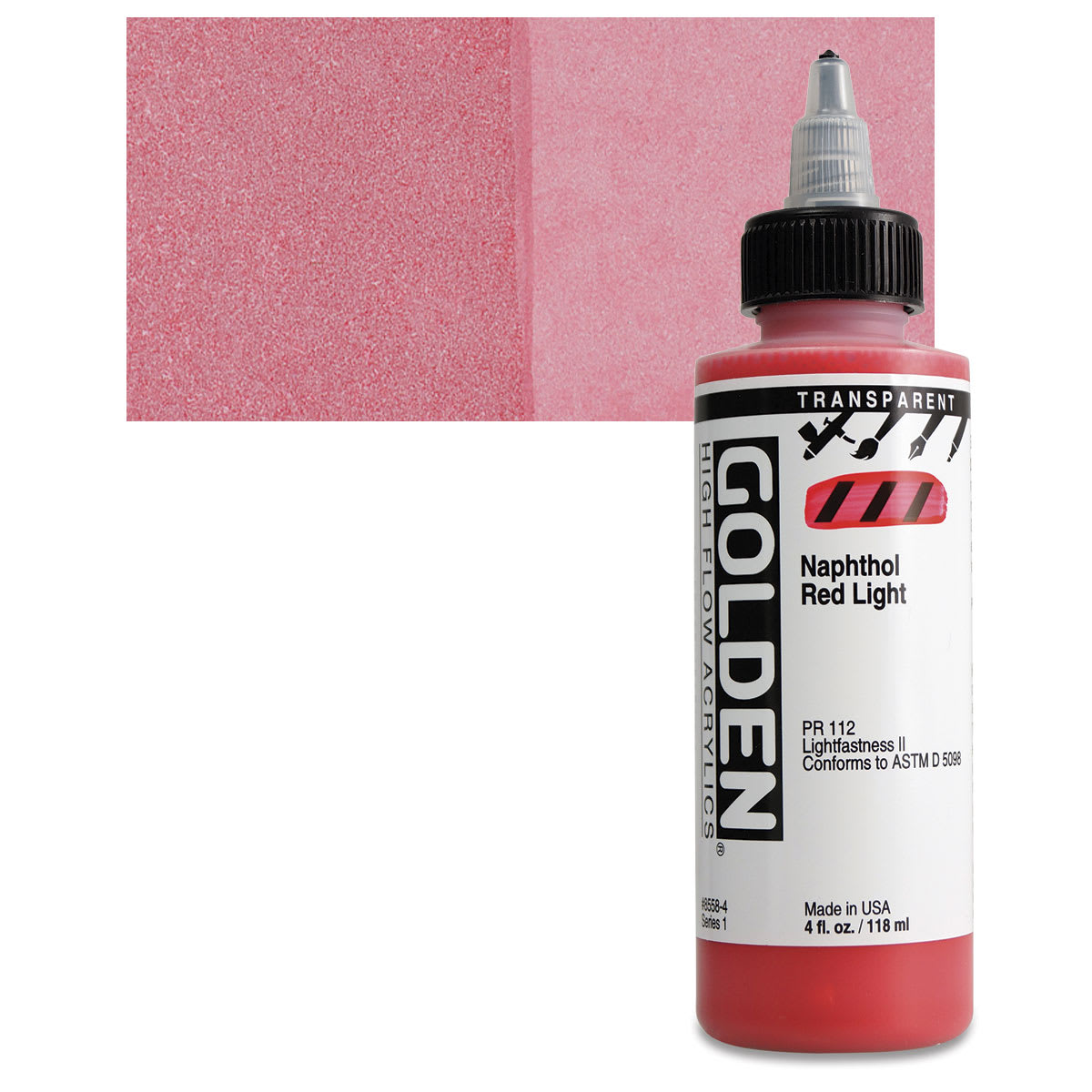 Golden High Flow Acrylic Paint - Transparent Naphthol Red Light, 4 oz bottle and swatch