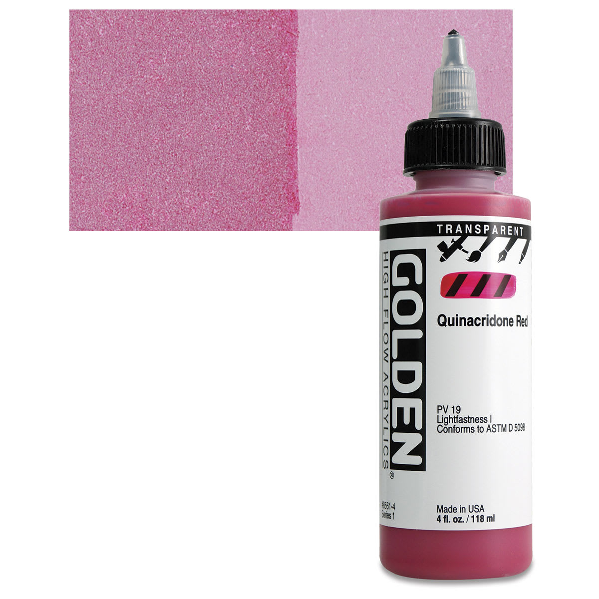 Golden High Flow Acrylic Paint - Transparent Quinacridone Red, 4 oz bottle and swatch