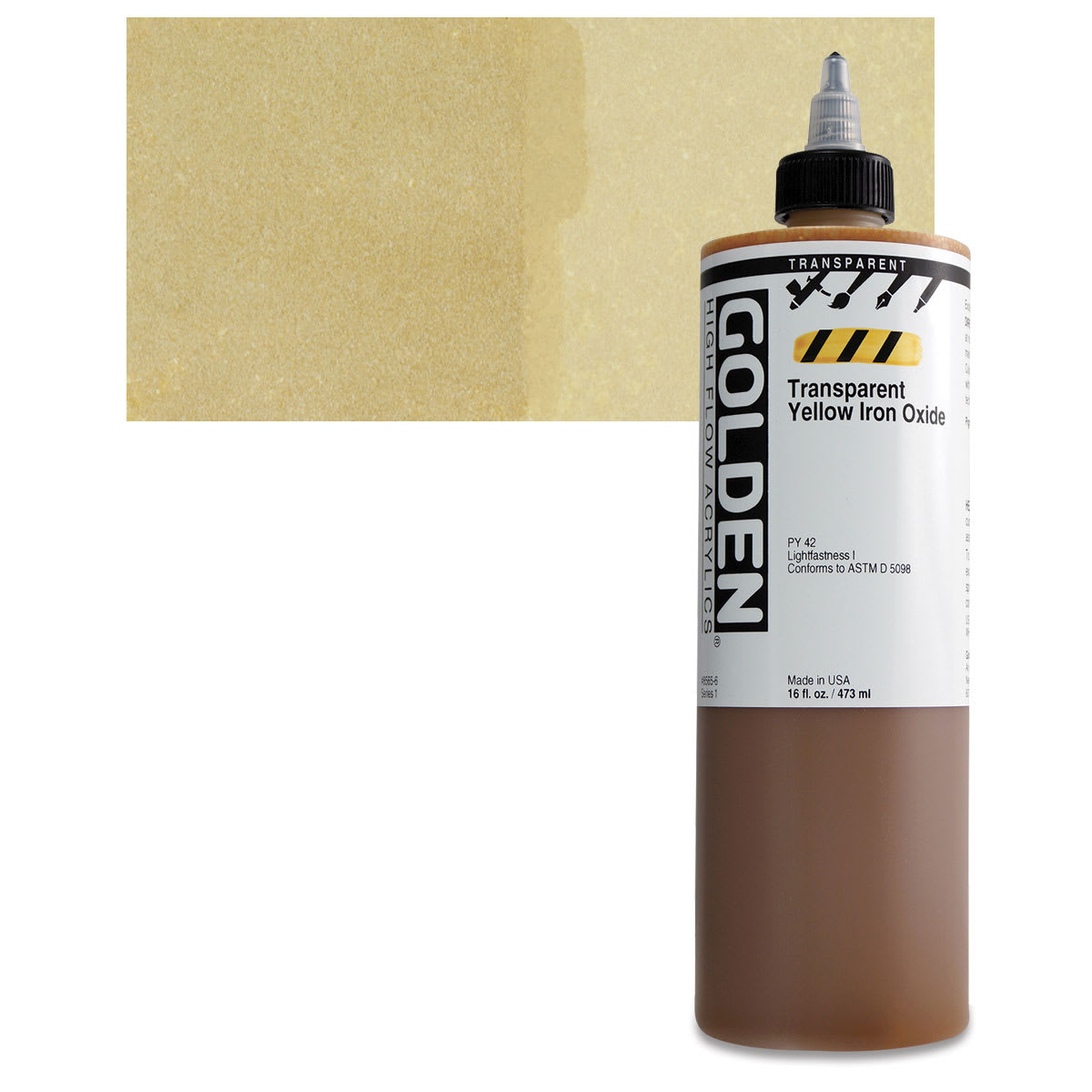 Golden High Flow Acrylic Paint - Transparent Yellow Iron Oxide, 16 oz bottle and swatch