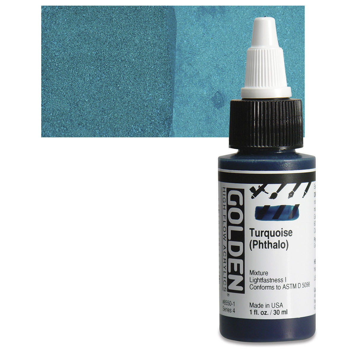 Golden High Flow Acrylic Paint - Turquois (Phthalo), 1 oz bottle and swatch