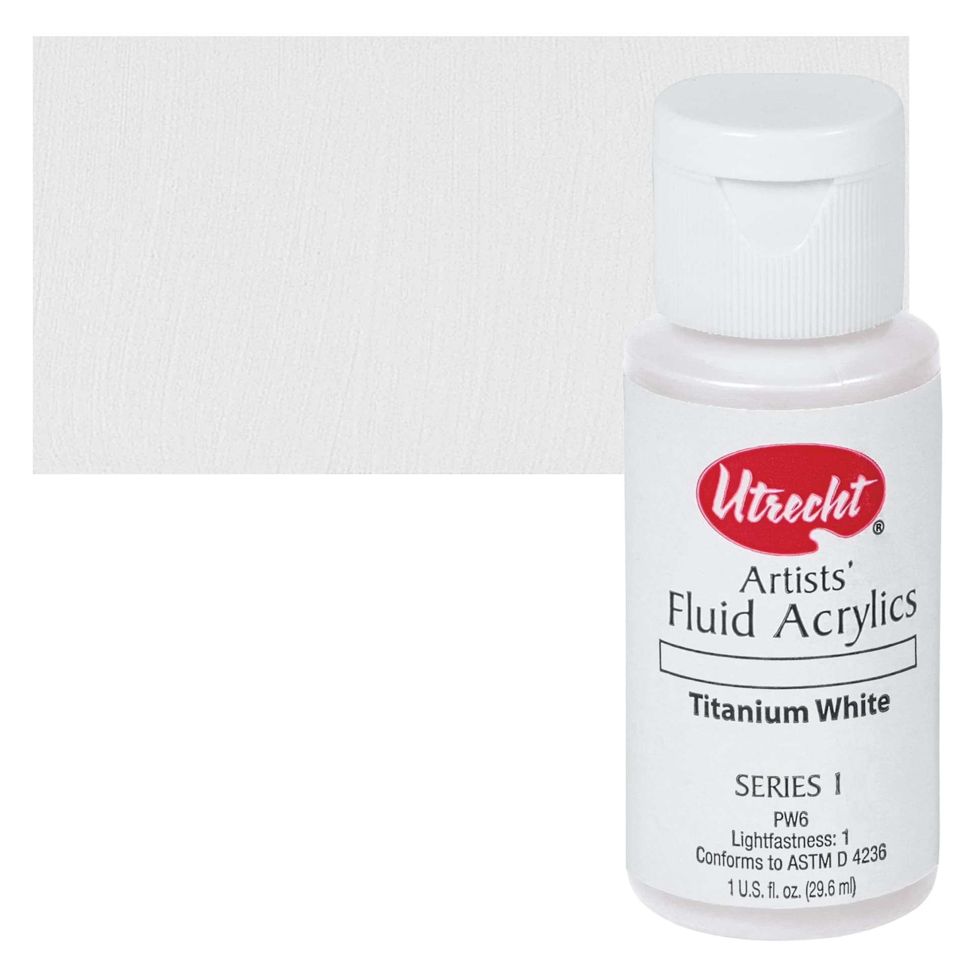 Utrecht Fluid Acrylics - Titanium White, 1 oz bottle with swatch