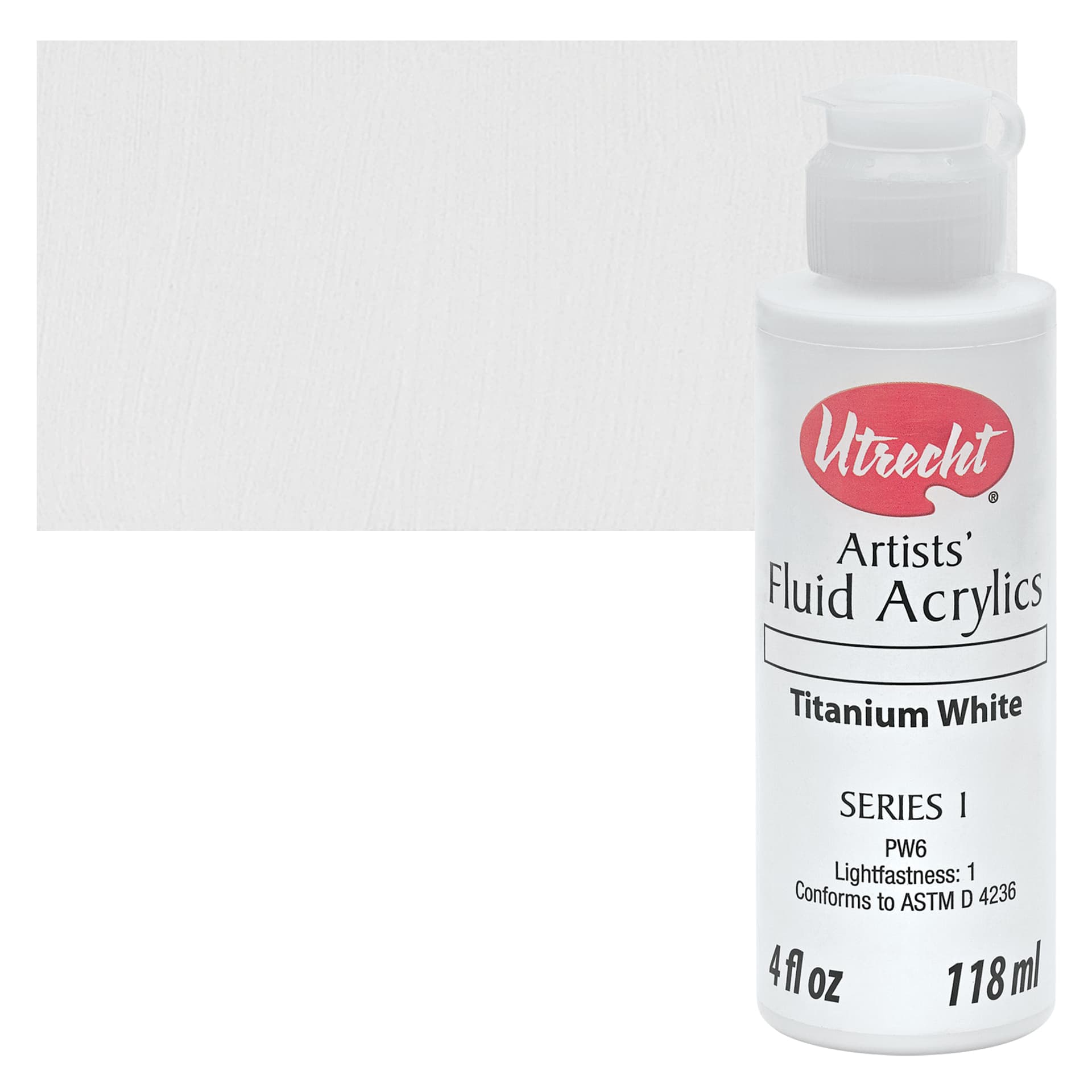 Utrecht Fluid Acrylics - Titanium White, 4 oz bottle and swatch