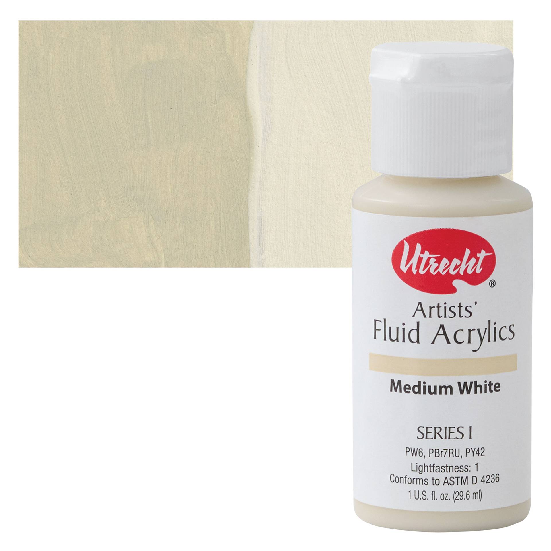 Utrecht Fluid Acrylic Paint - Medium White, 1 oz bottle and swatch