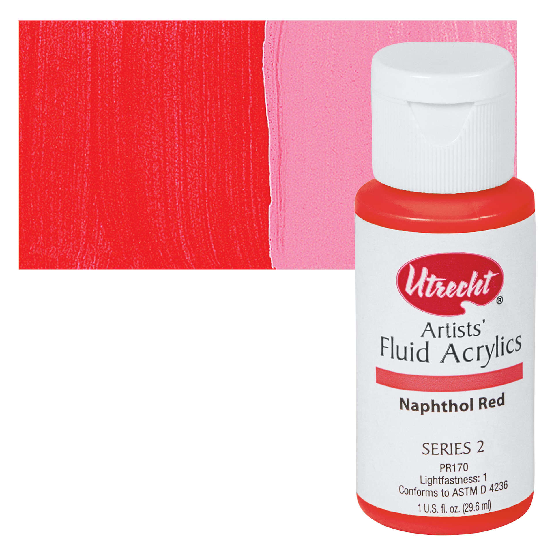 Utrecht Artists' Fluid Acrylic Paint - Naphthol Red, bottle and swatch