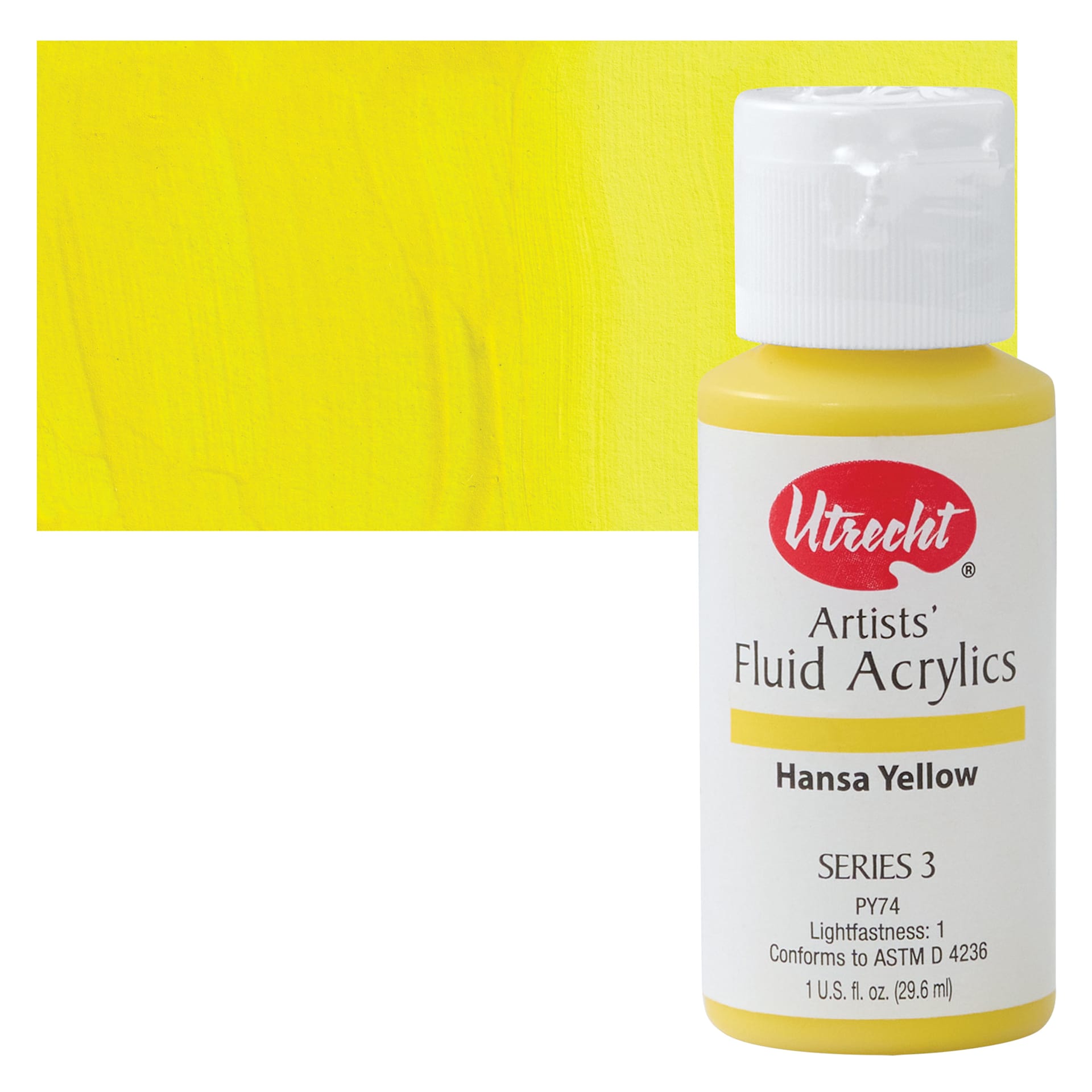 Utrecht Fluid Acrylic Paint - Hansa Yellow, 1 oz bottle and swatch
