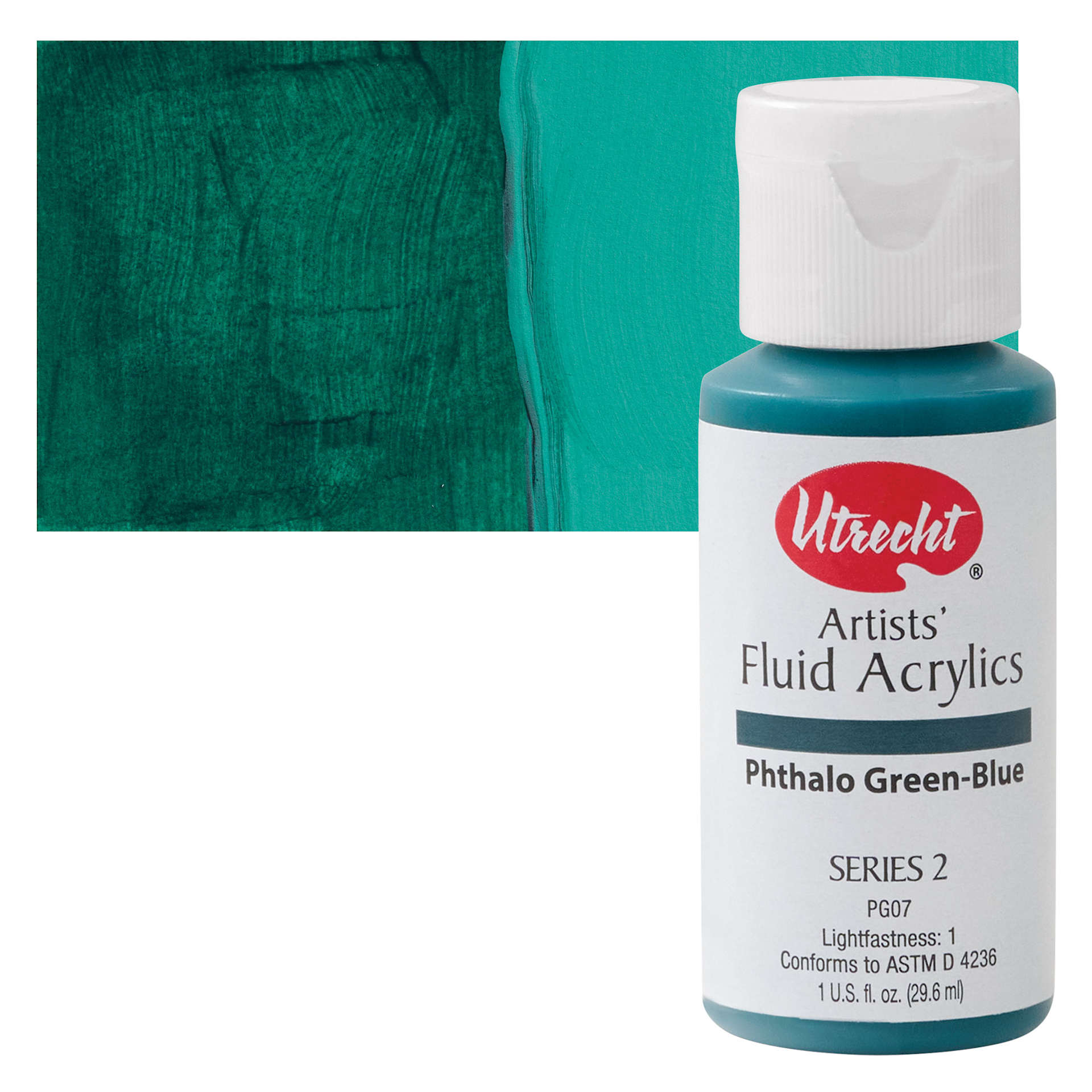 Utrecht Fluid Acrylic Paint - Phthalo Green-Blue, 1 oz bottle and swatch