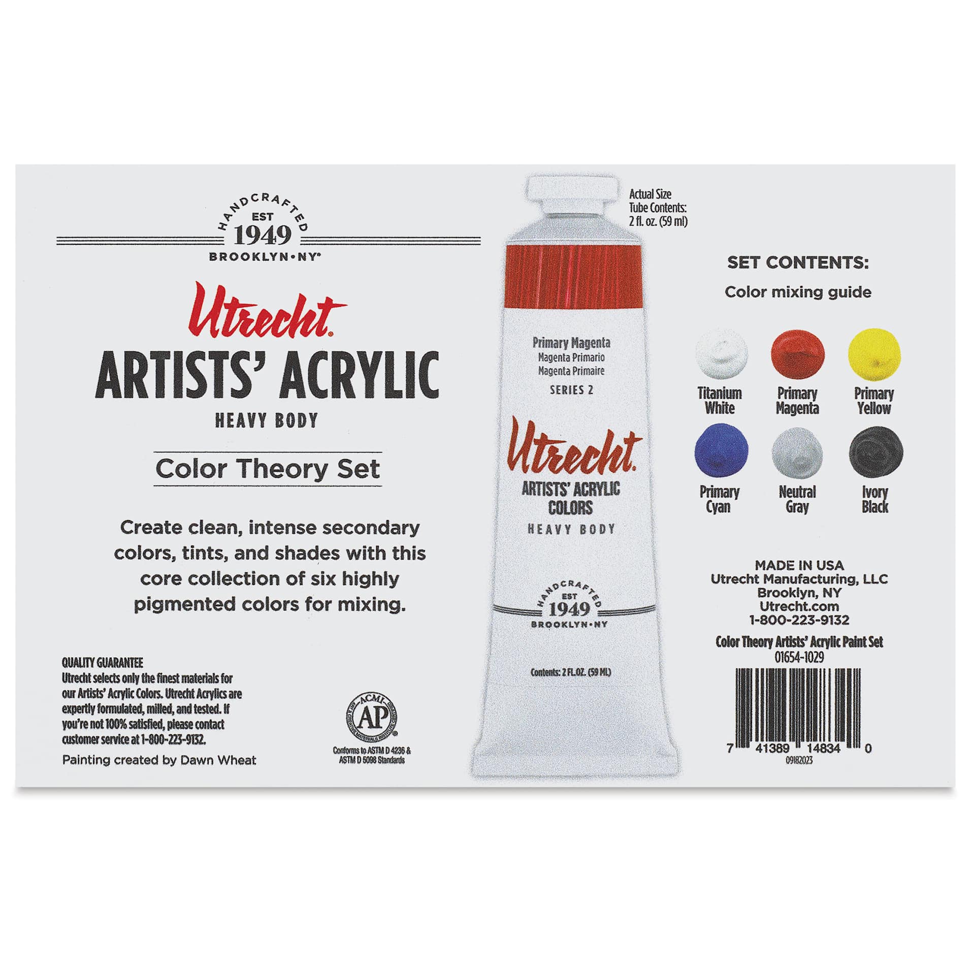 Utrecht Artists' Acrylic Paints - Color Theory, Set of 6, back of packaging