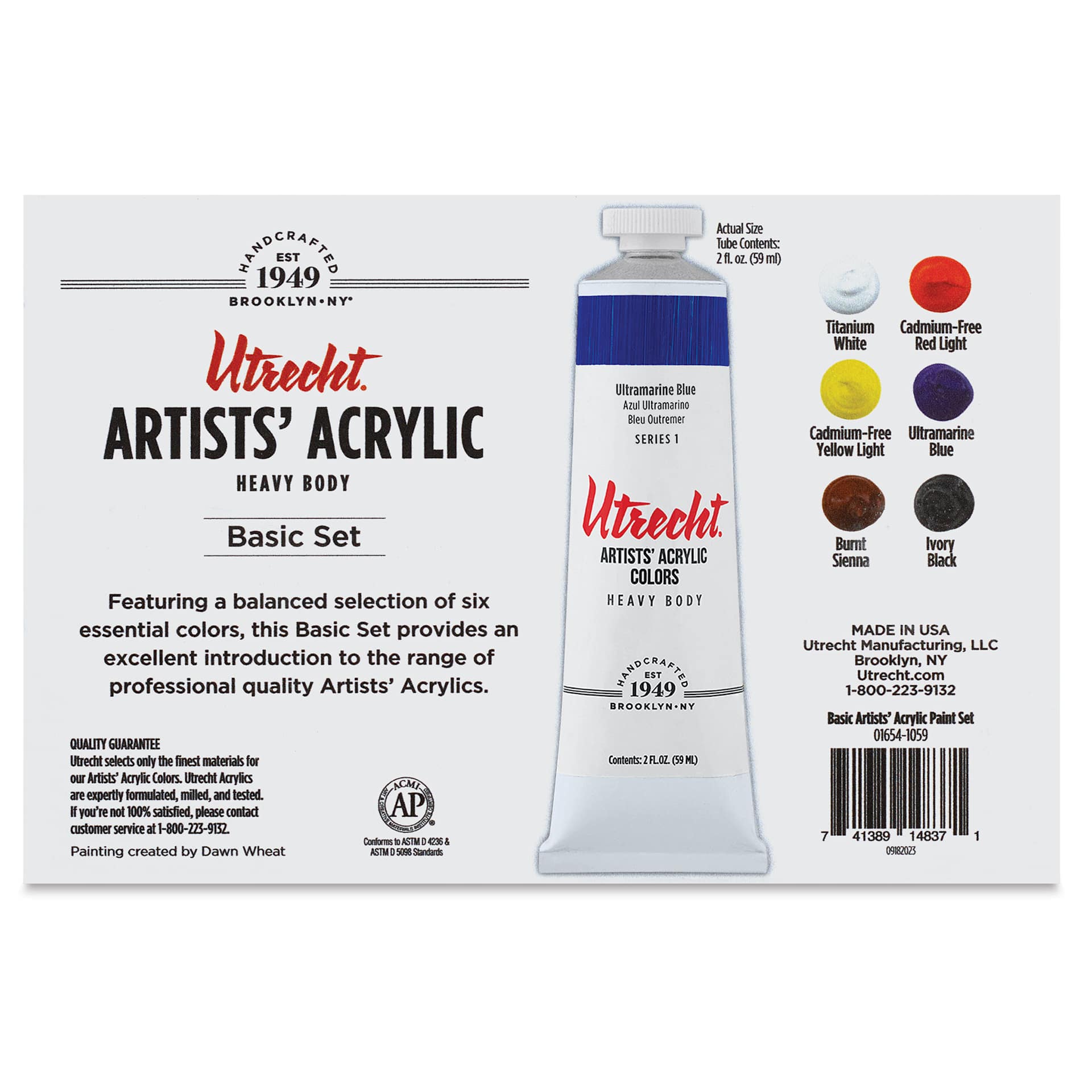 Utrecht Artists' Acrylic Paints - Basic, Set of 6, back of package