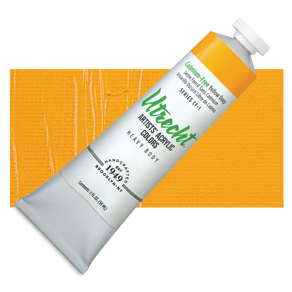 Utrecht Artists' Acrylic Paint - Cadmium-Free Yellow Deep 2 oz tube and swatch